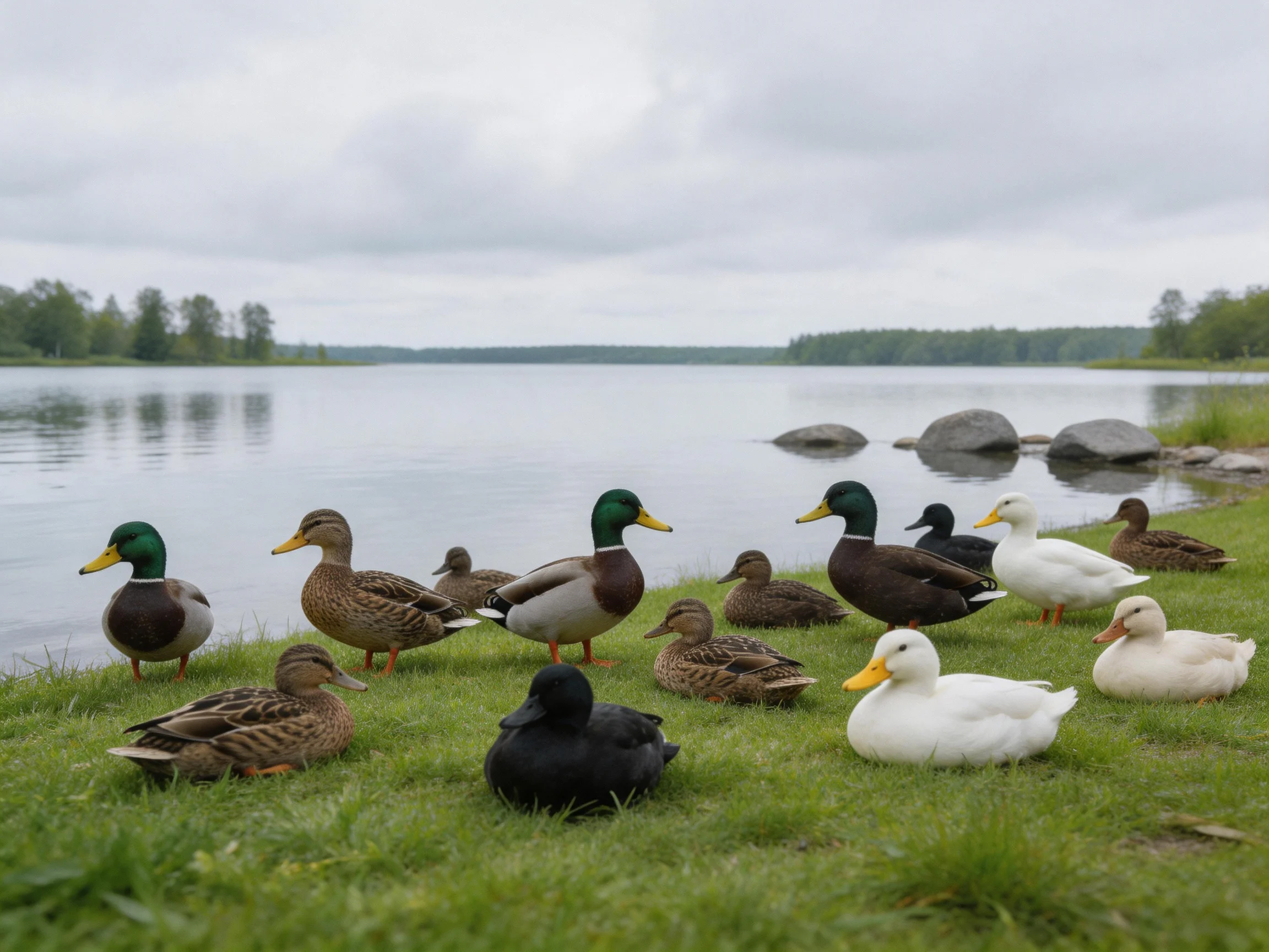 Ducks in brown, white, black, and green gather by a calm lake