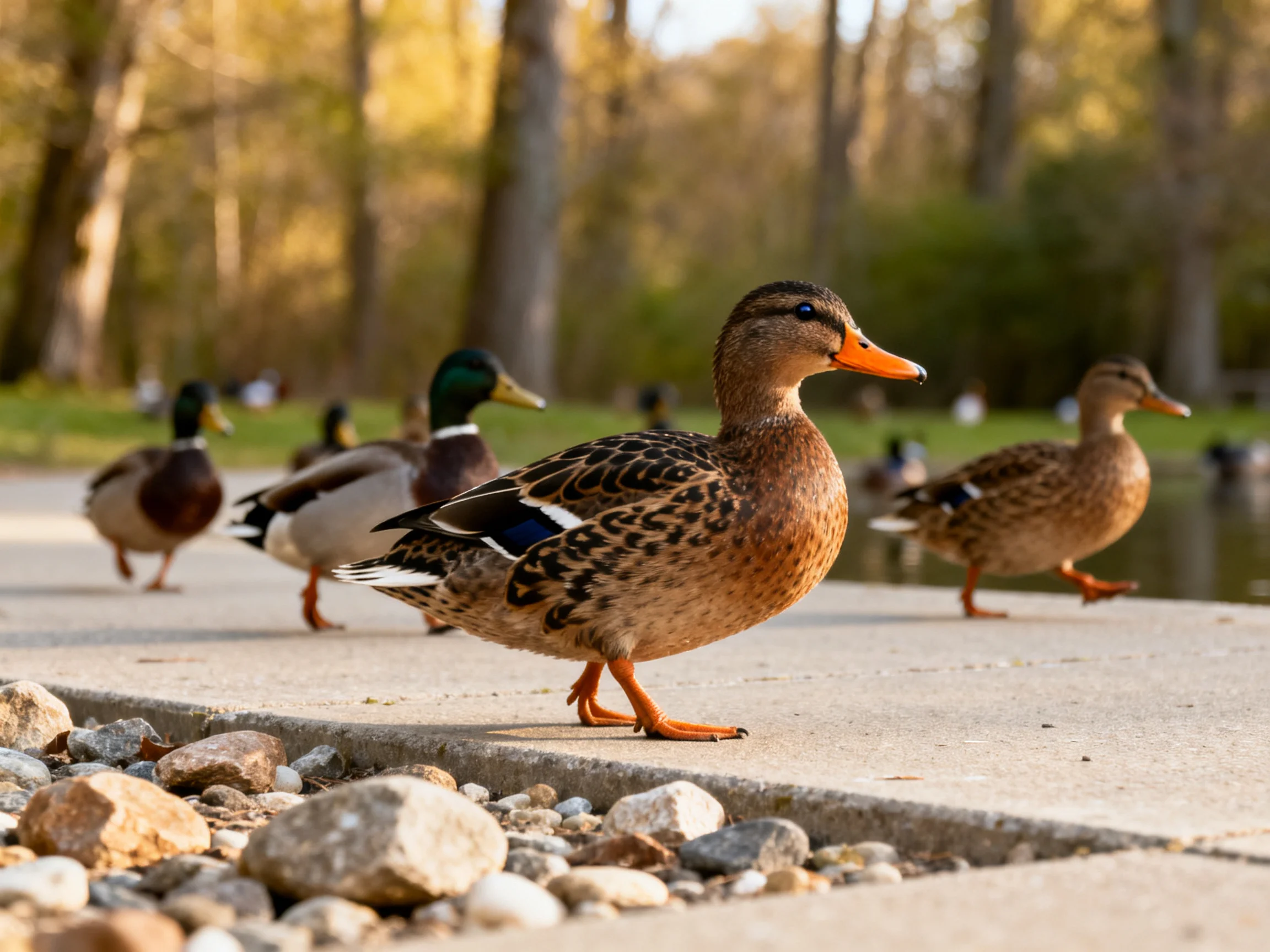 Ducks with brown, black, and green plumage walk along a concrete path near a pond
