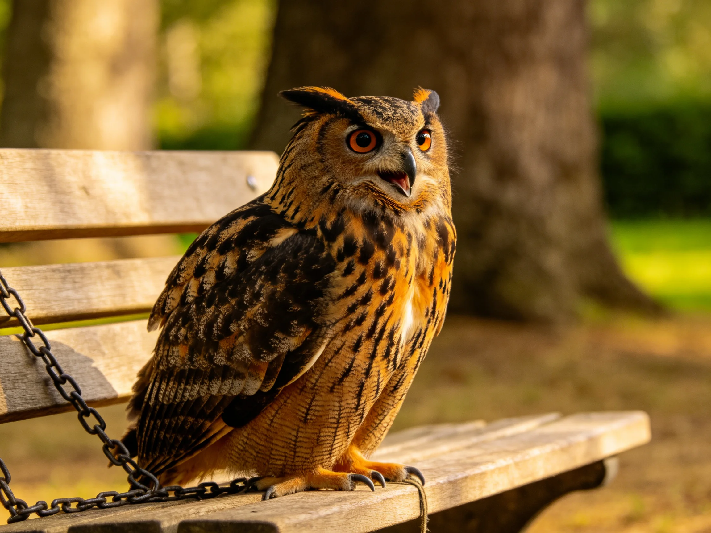 Eagle owl with earthy brown and black plumage on wooden bench