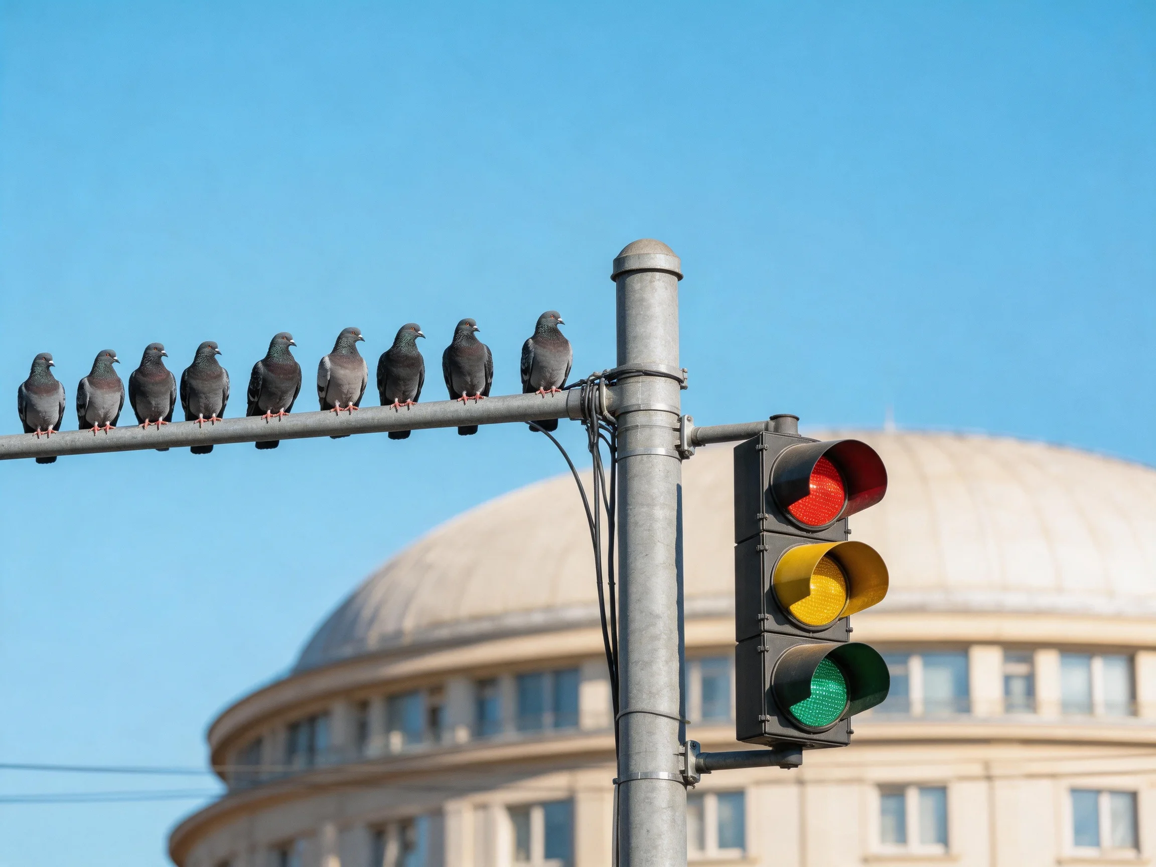 Eight Pigeons Perched on Traffic Pole Near Round Building