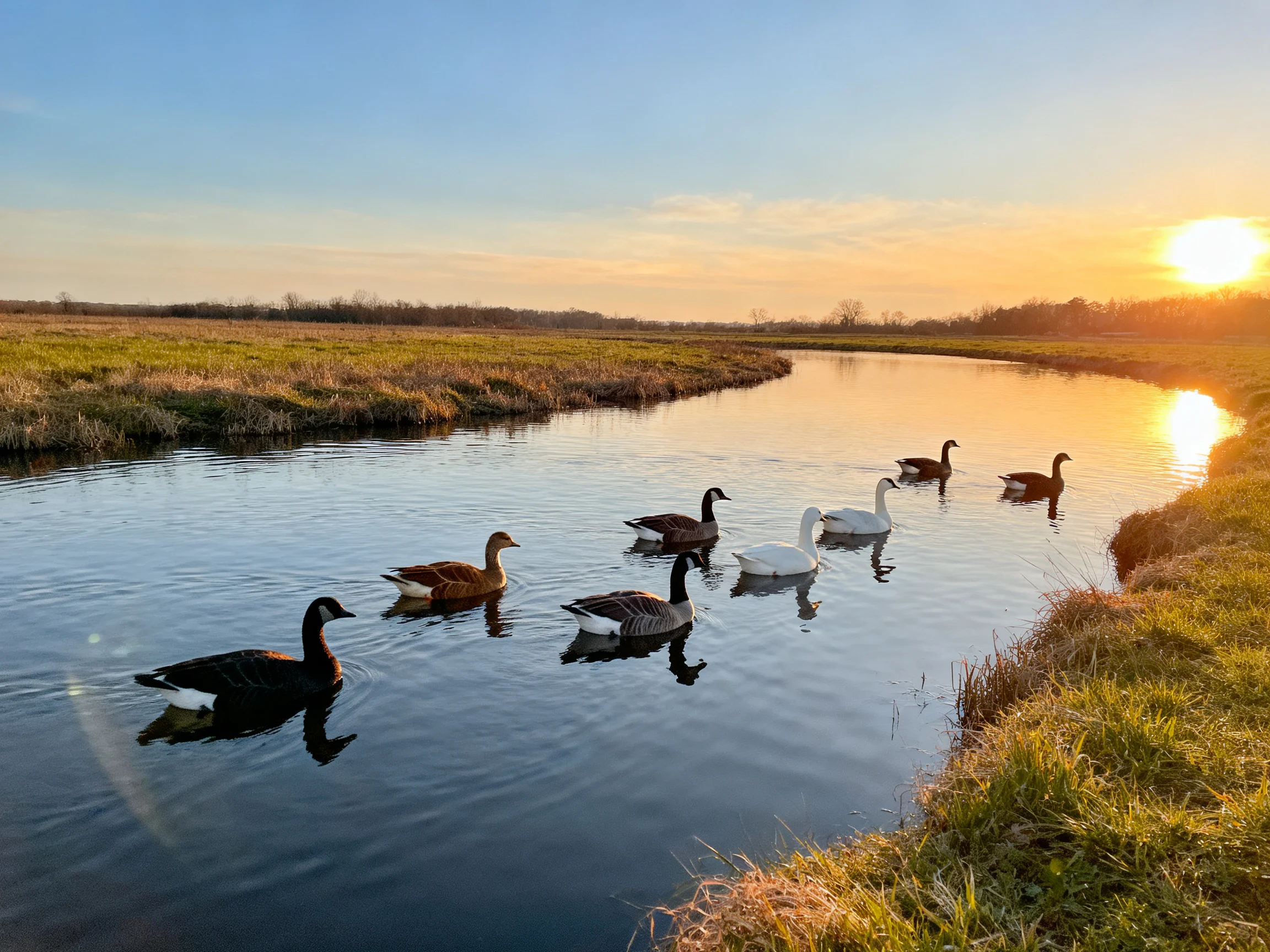 Eight birds glide through a calm river at golden hour