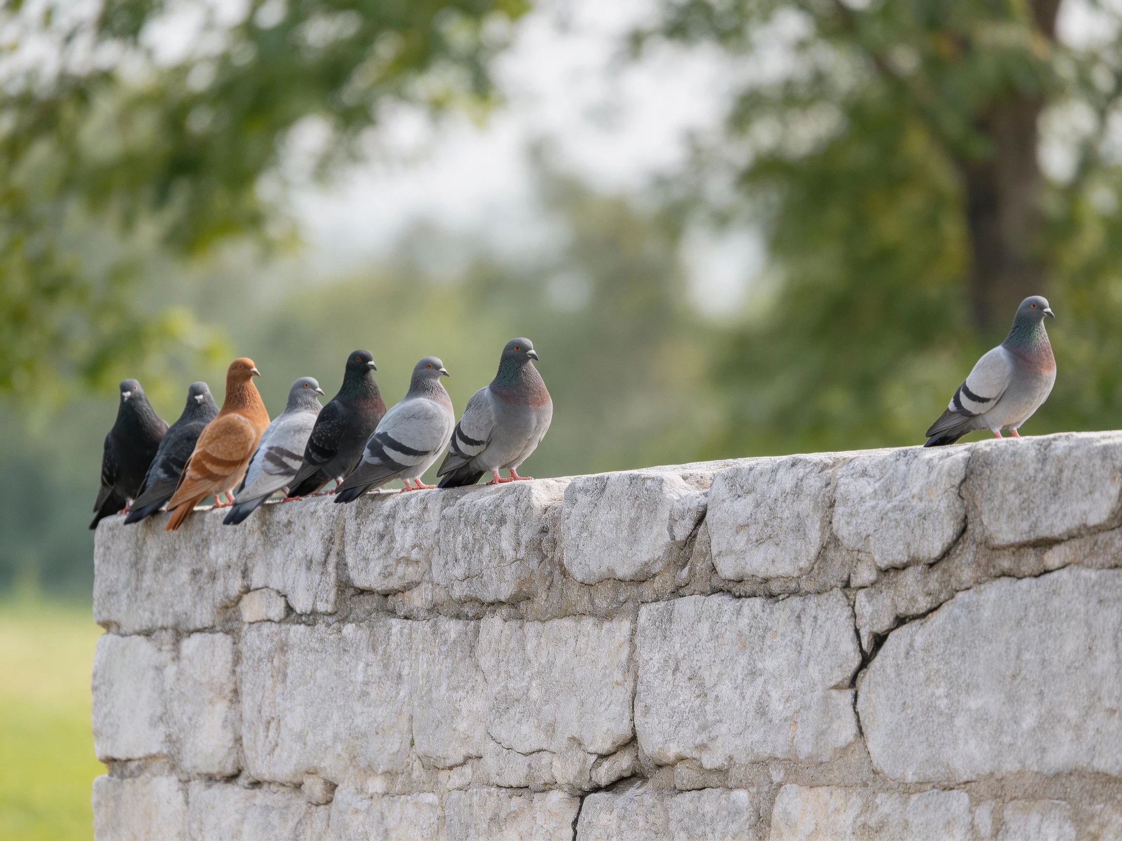 Eight pigeons of various colors rest on an aged stone wall