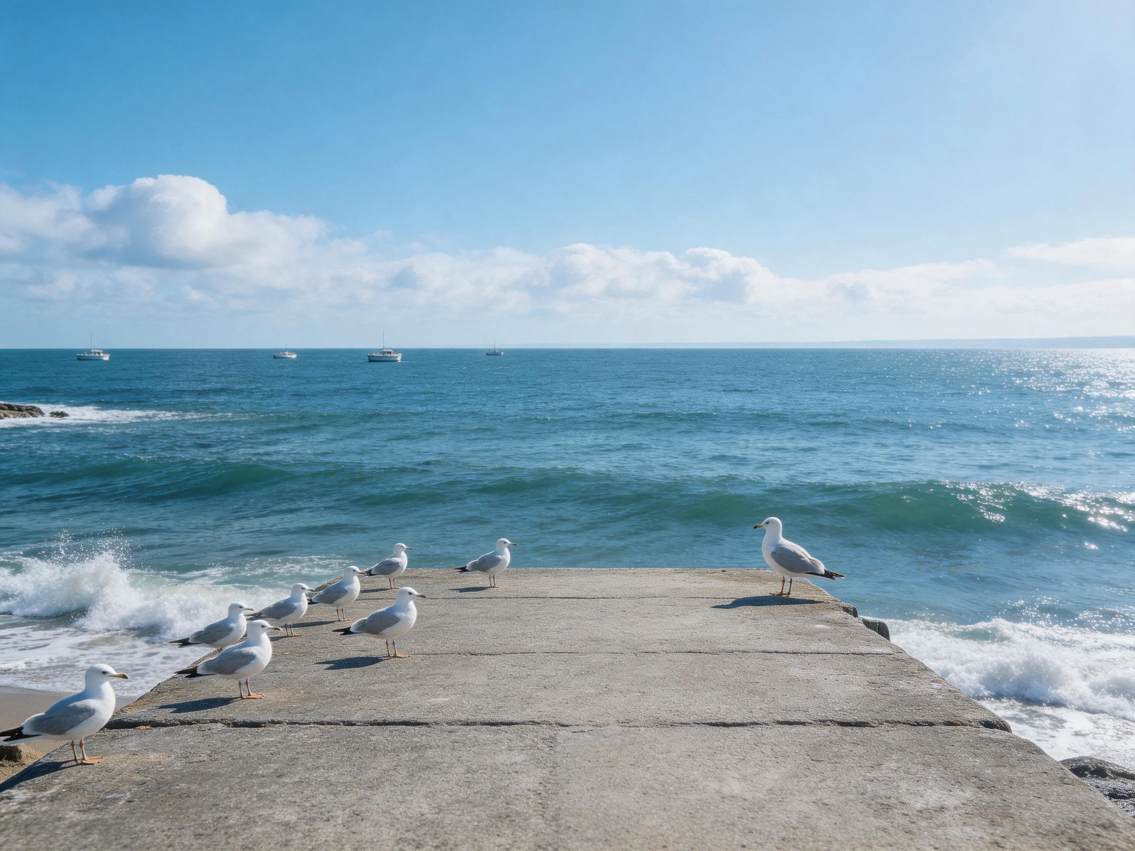 Eight seagulls rest on a weathered concrete pier by turquoise ocean waters
