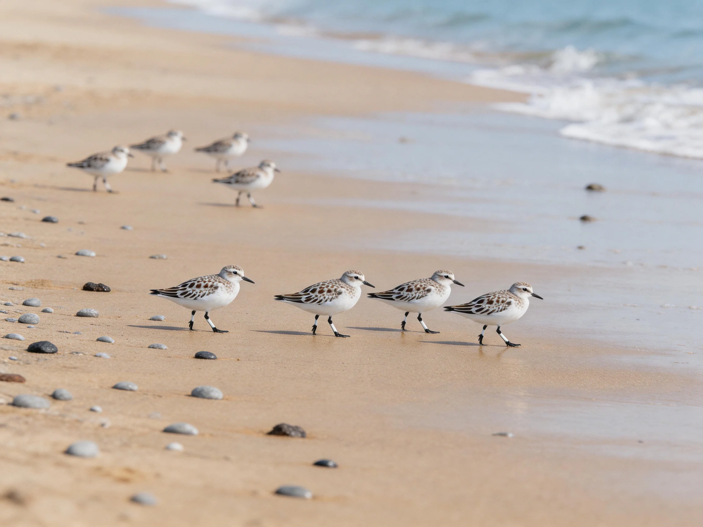 Eight small shorebirds walk along a sandy beach with scattered pebbles