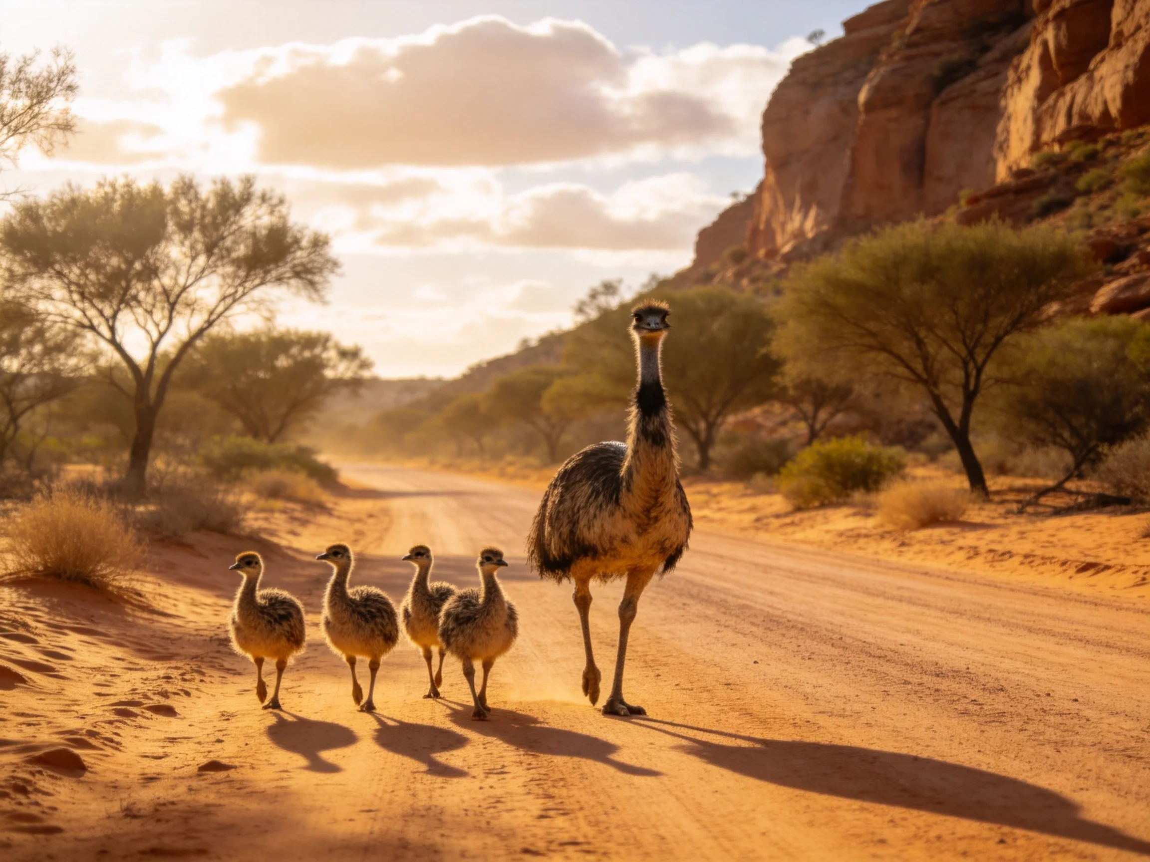 Emu family crossing a sunlit desert dirt road