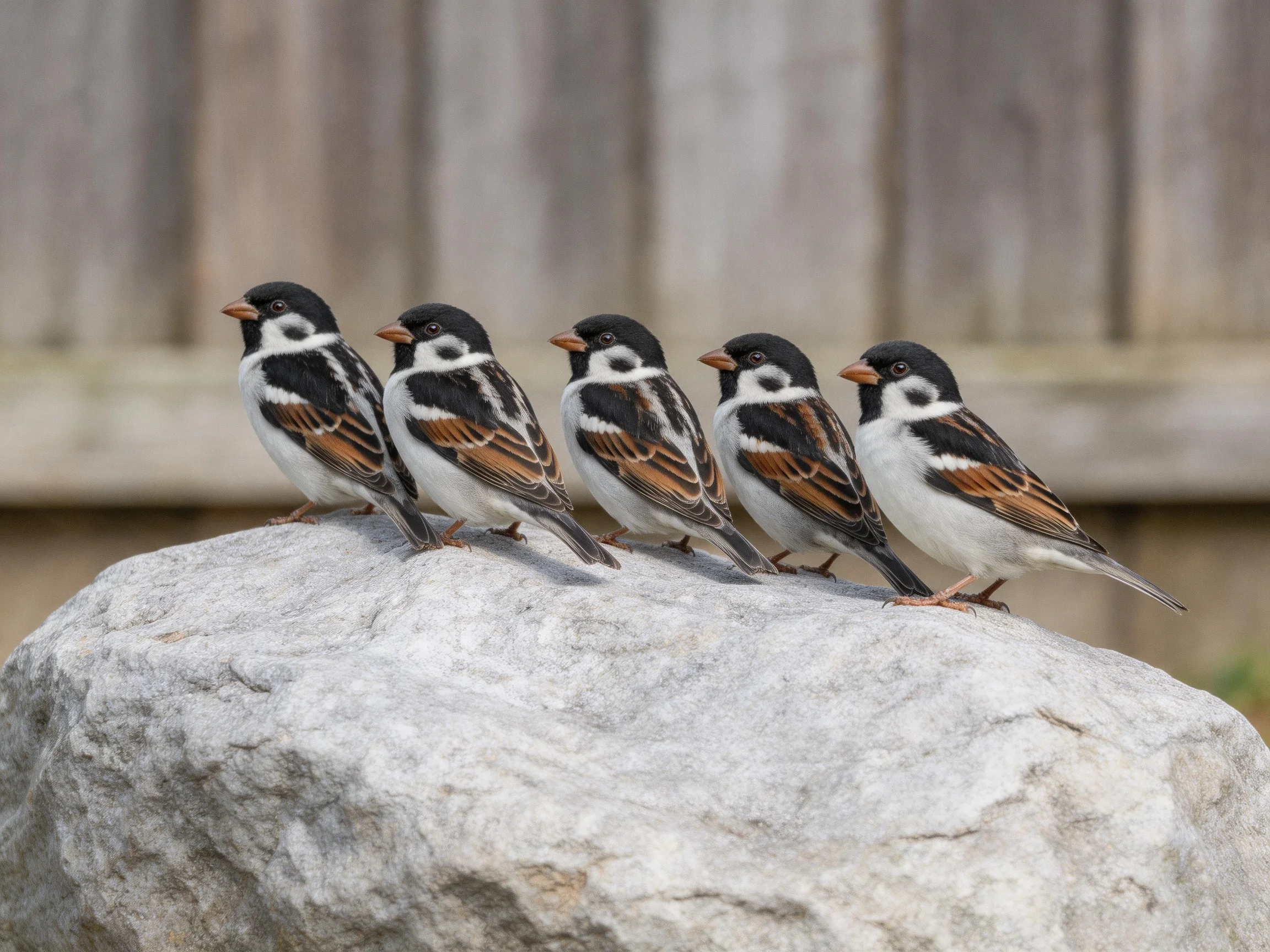 Five Sparrows Perched in a Row on a Large Gray Rock
