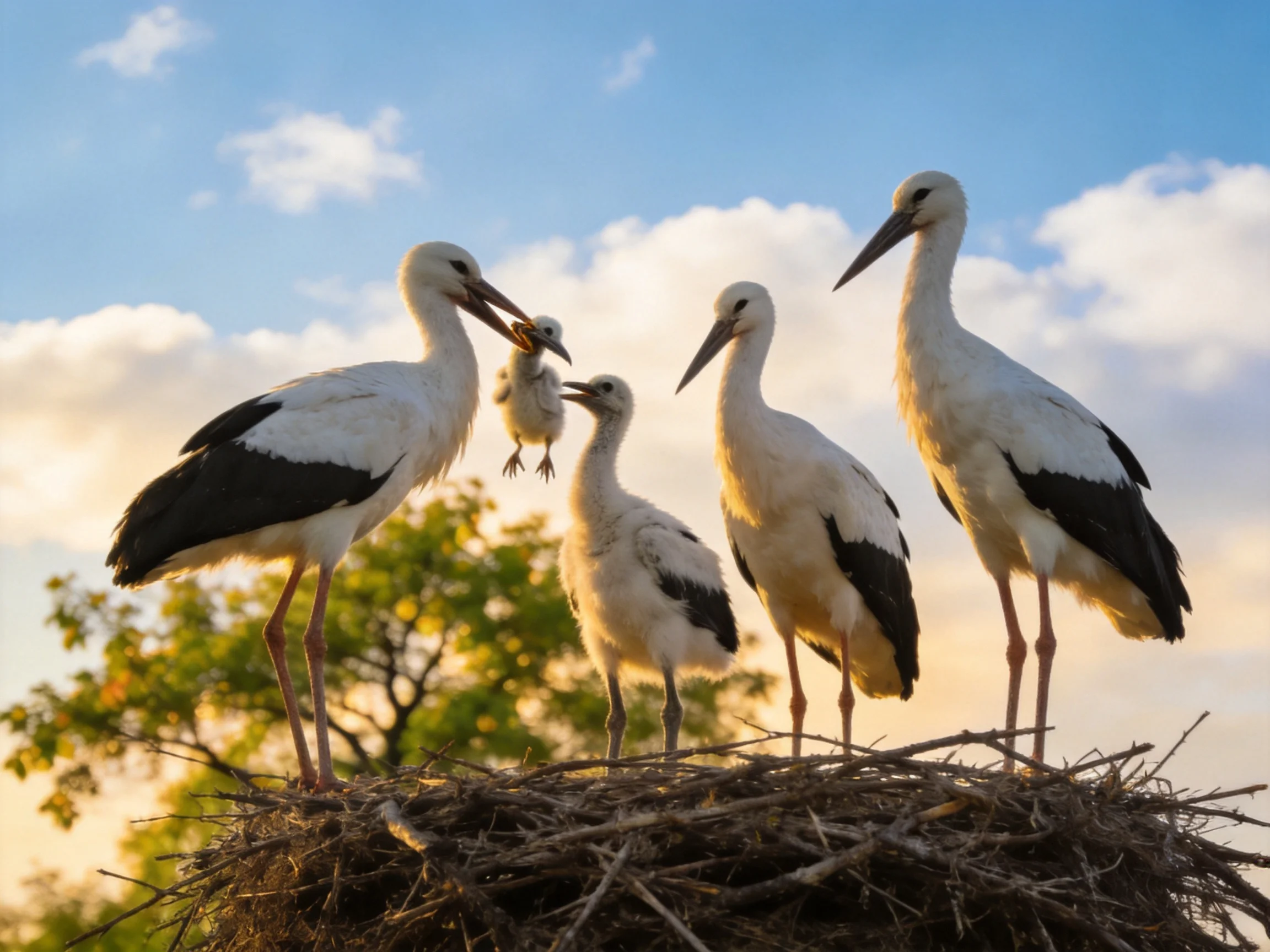 Five White-Streaked Storks in a Large Twig Nest Under Sunny Sky