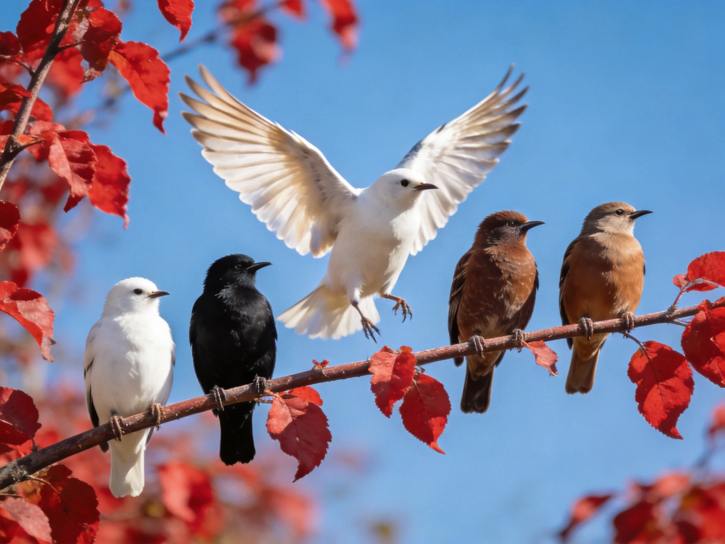 Five birds of varied hues rest on a branch with vivid red leaves