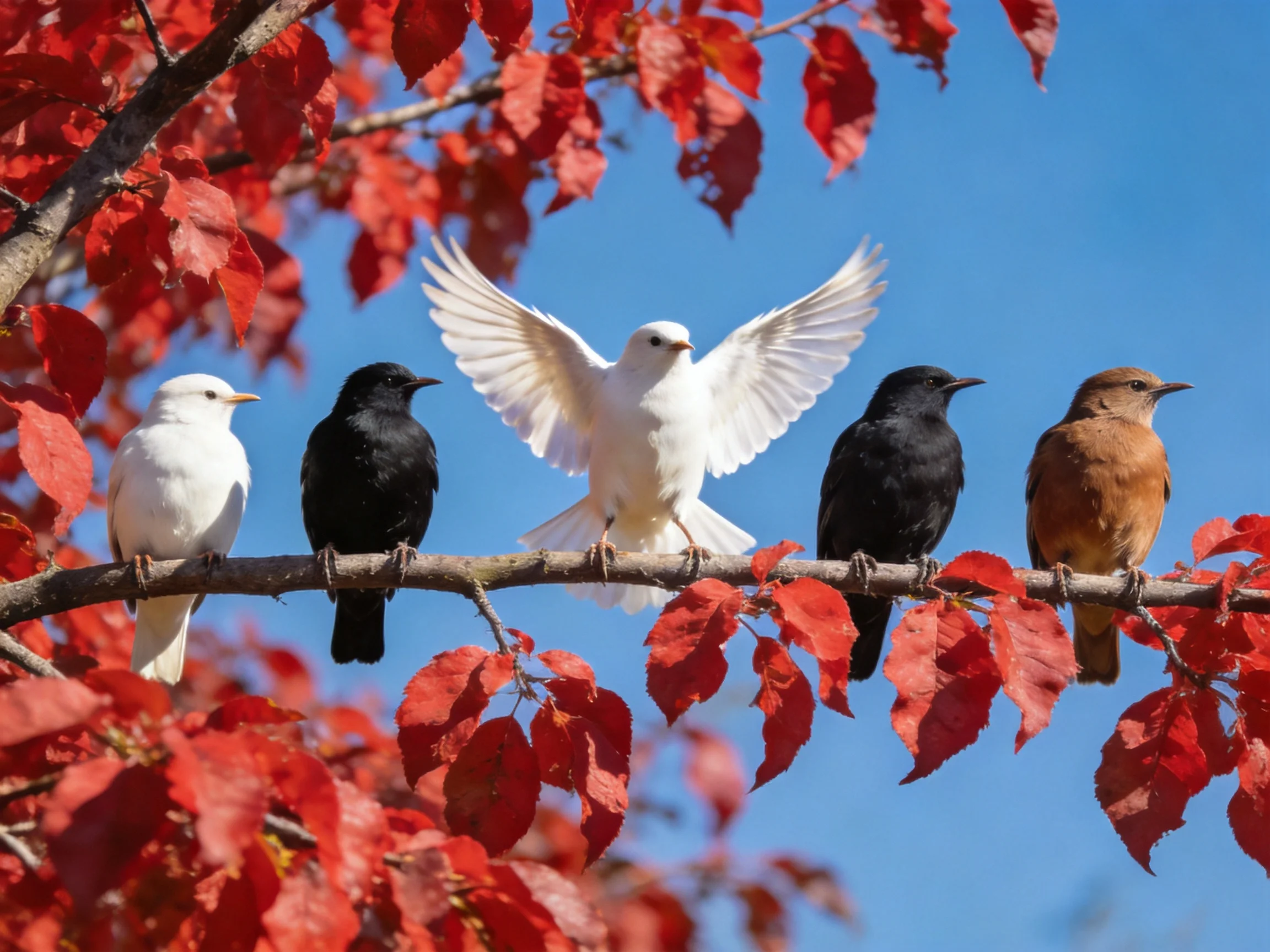 Five birds of varying colors perch on a branch with vibrant red autumn leaves