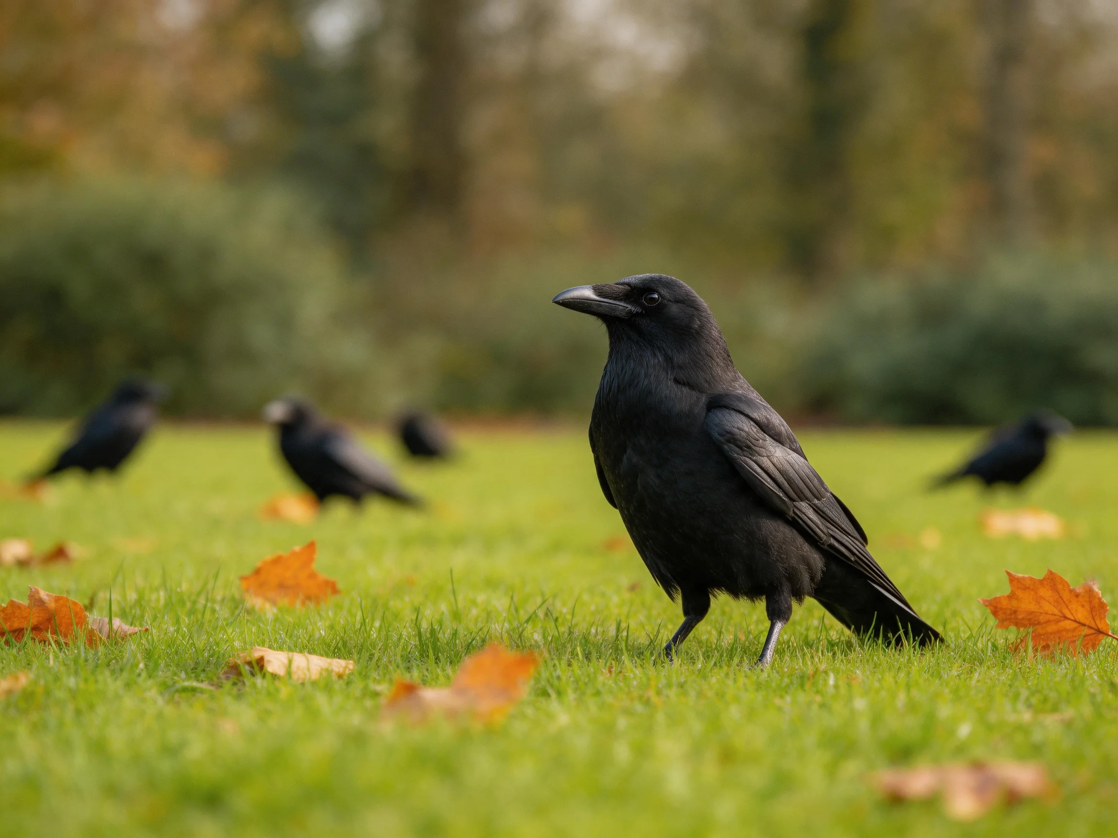 Five black crows foraging on a grassy lawn with autumn leaves