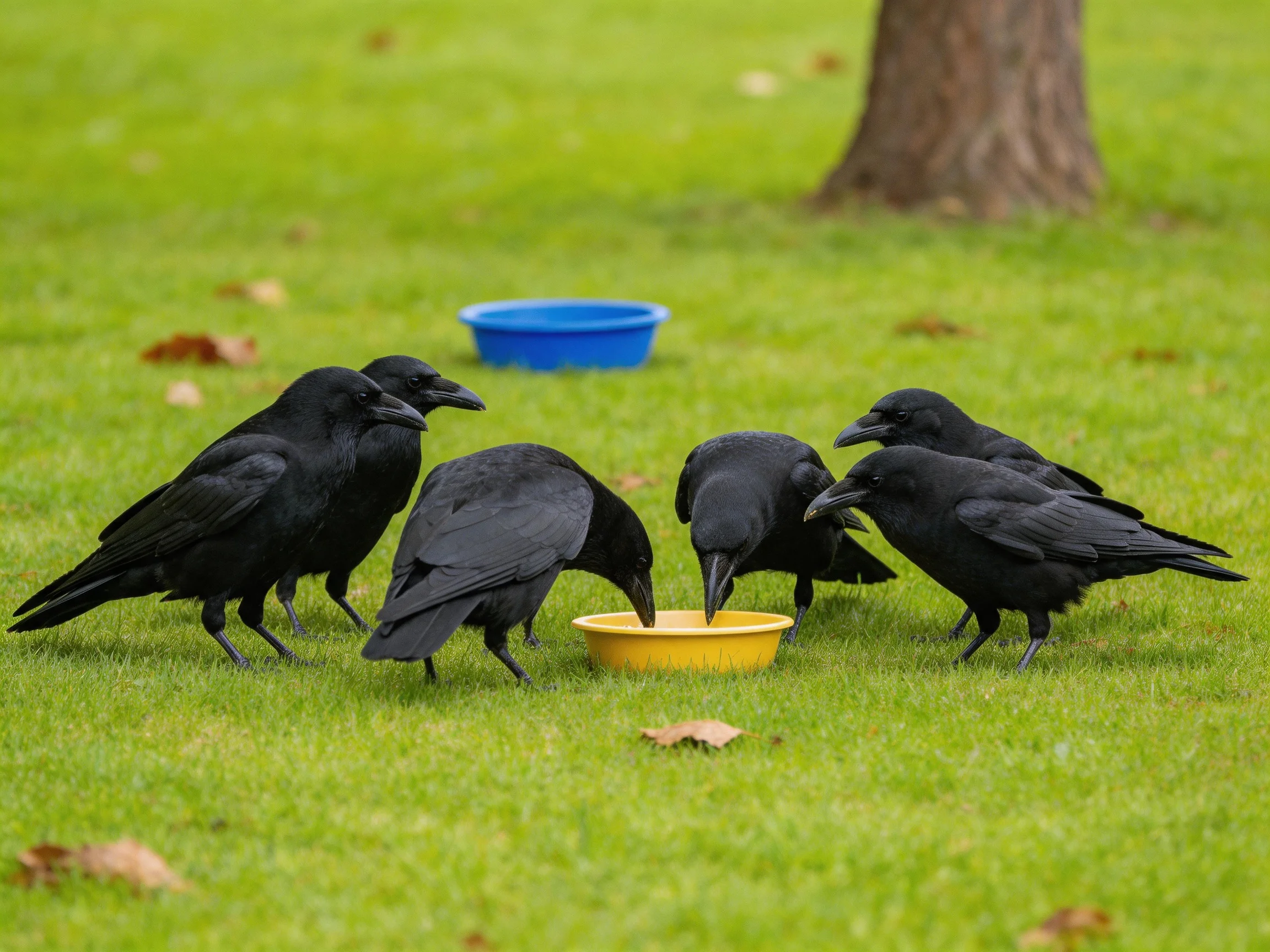 Five black crows gather around a yellow feeding dish outdoors
