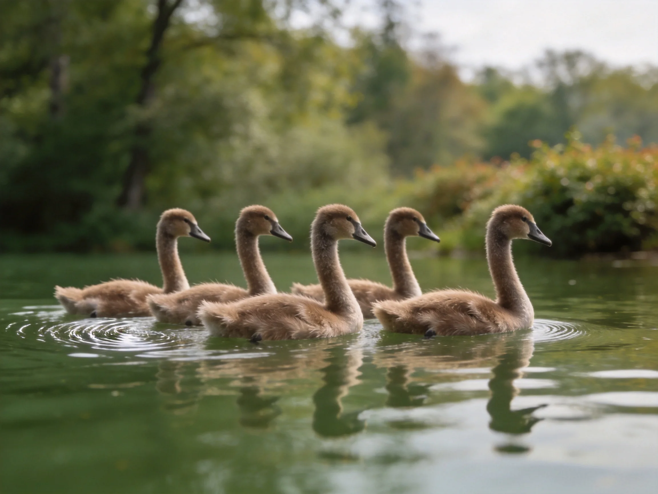 Five brown baby swans swim in calm green water near leafy trees