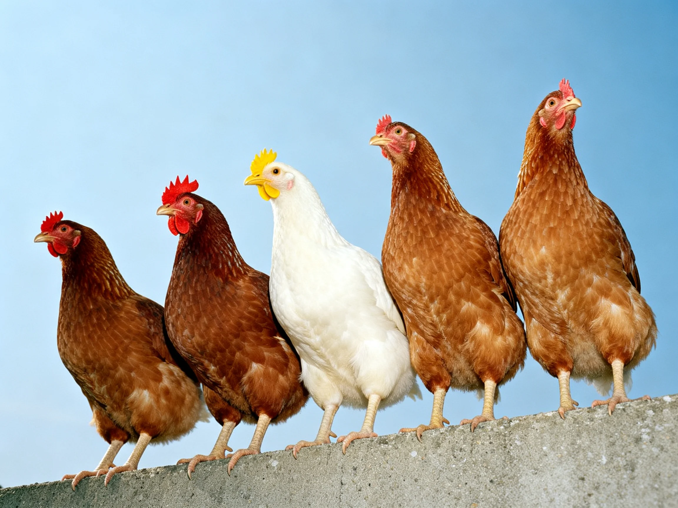 Five chickens, four brown and one white, stand on a concrete ledge
