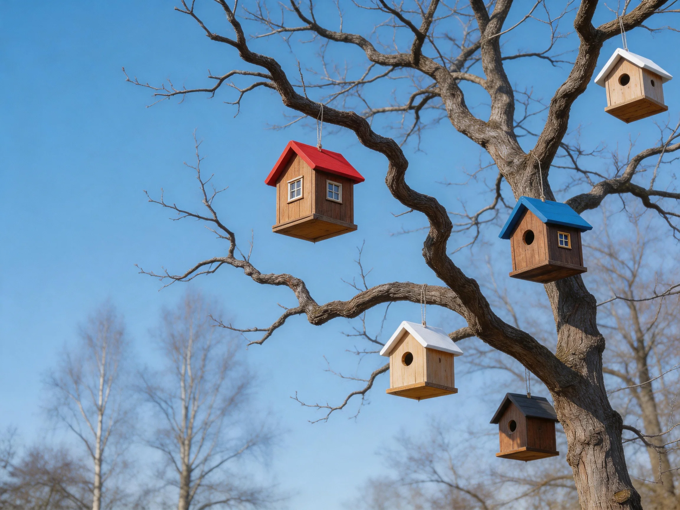Five colorful birdhouses hang from a bare-branched tree under clear blue sky