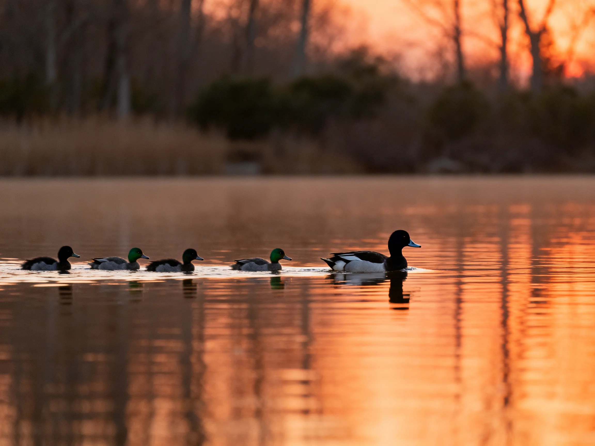 Five ducks glide across reflective water at golden hour