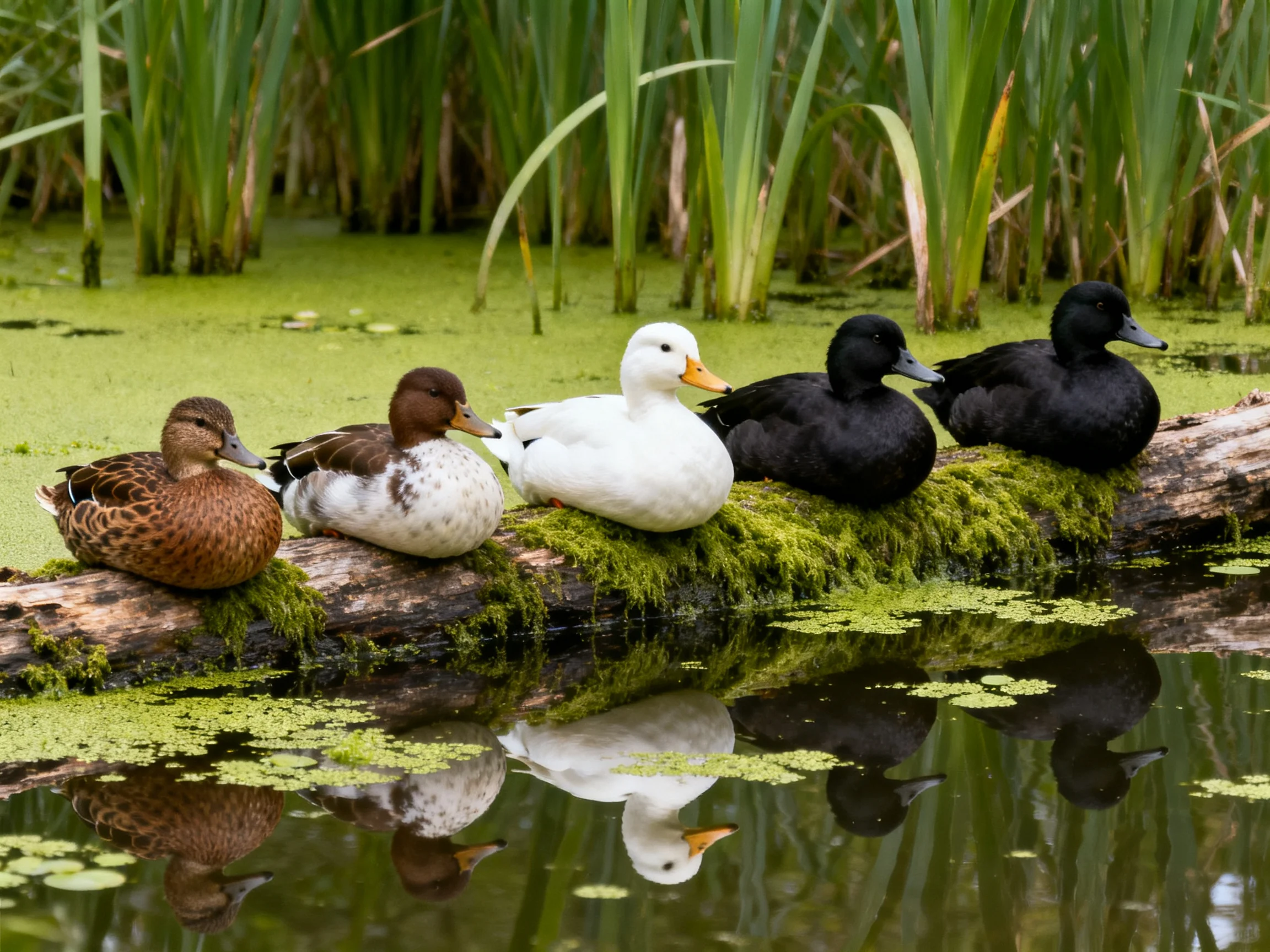 Five ducks of varied colors rest on a moss-covered log near aquatic plants.