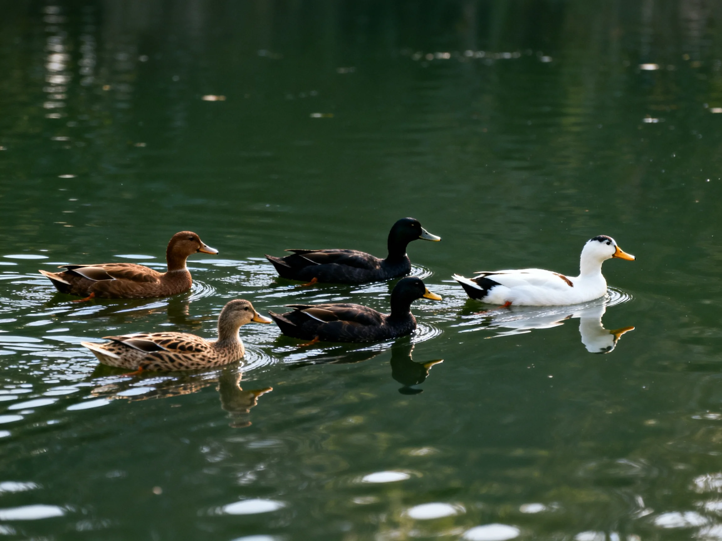 Five ducks of varied colors swim in calm green water