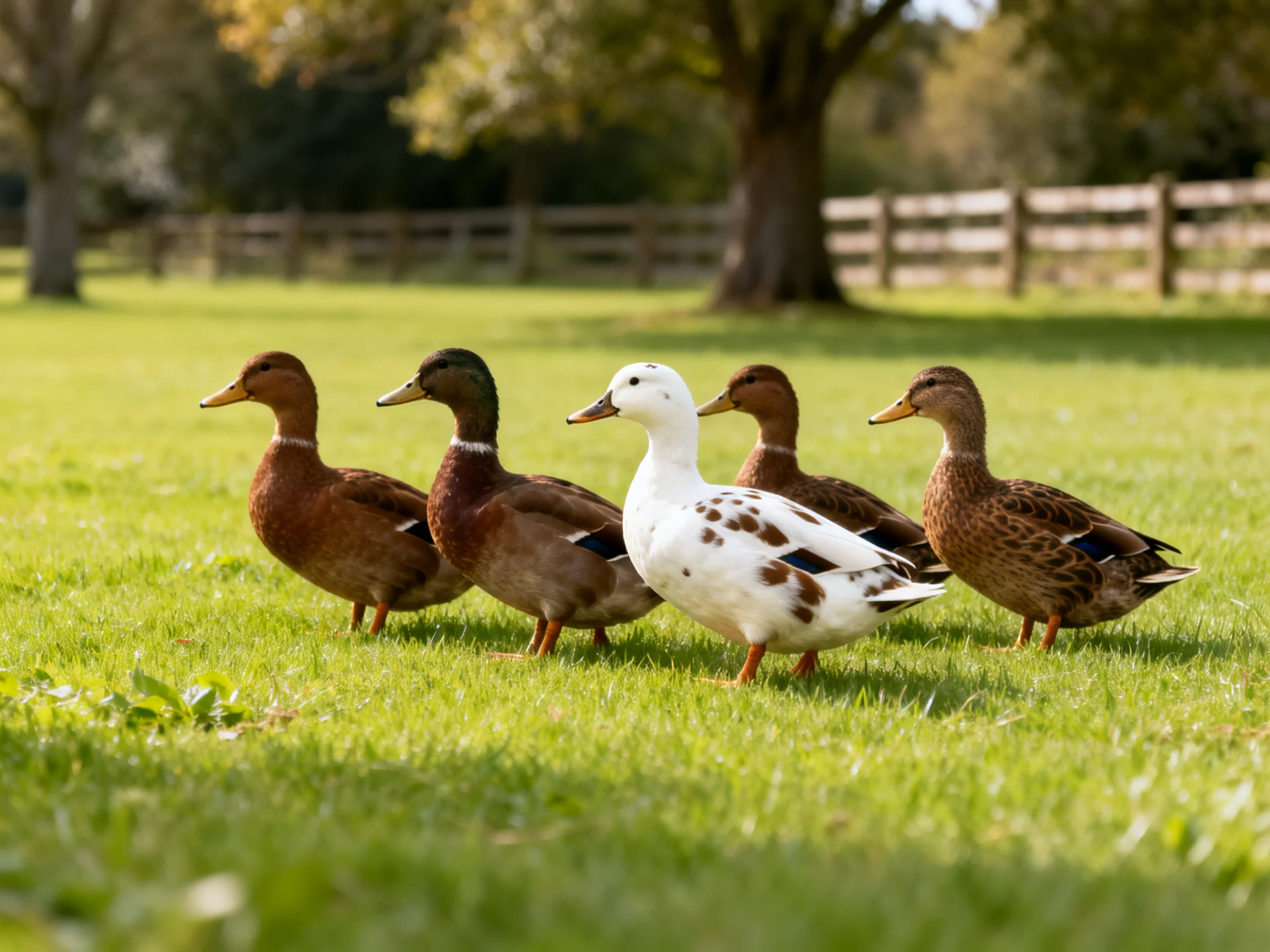 Five ducks, one white with brown spots, walk on a green lawn