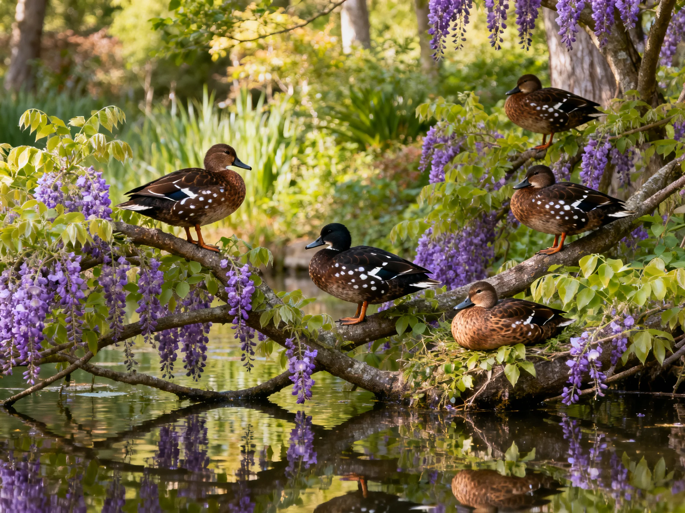 Five ducks perch on flowering branch by calm water
