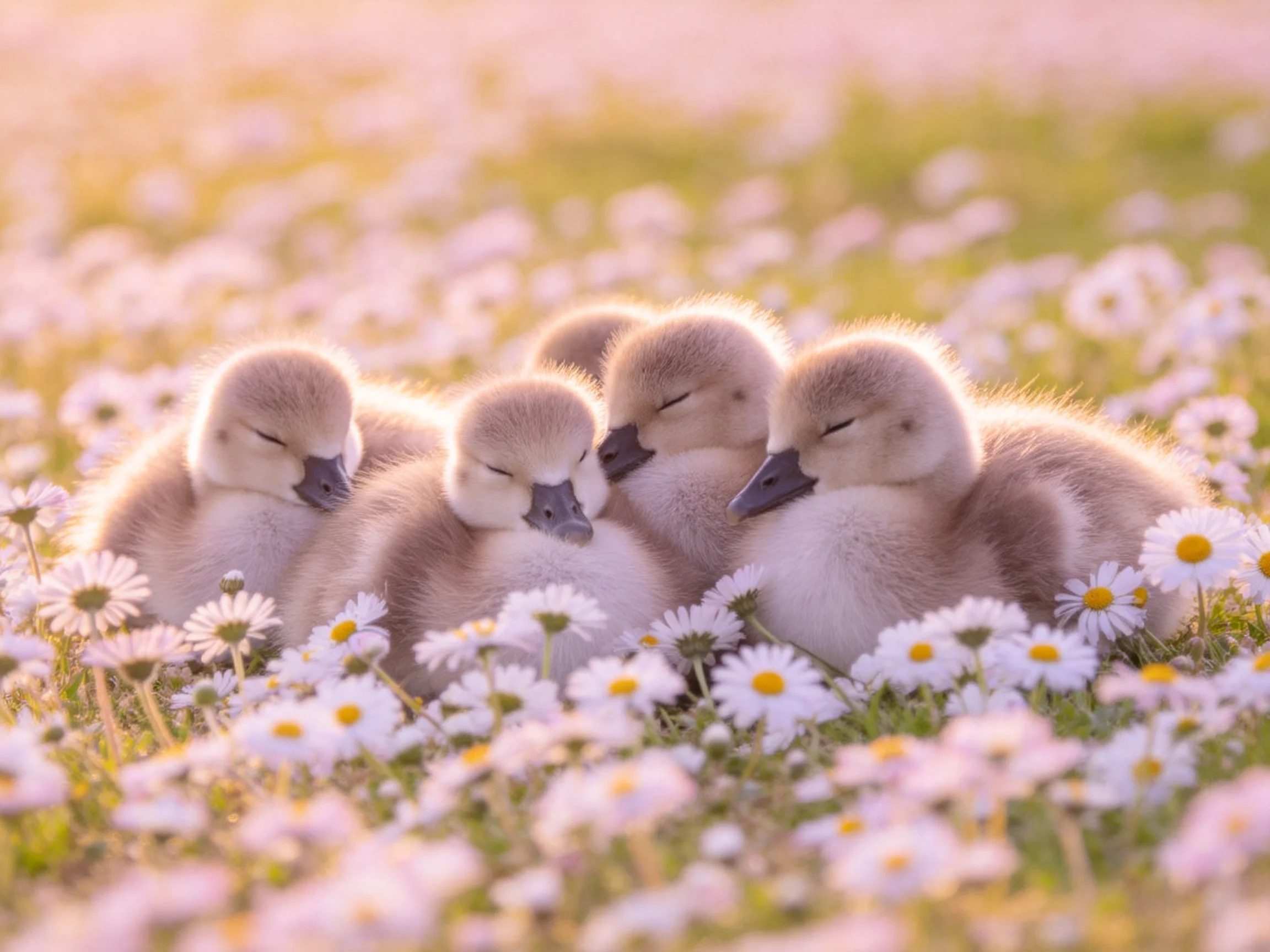 Five fluffy ducklings nestled in a field of white daisies