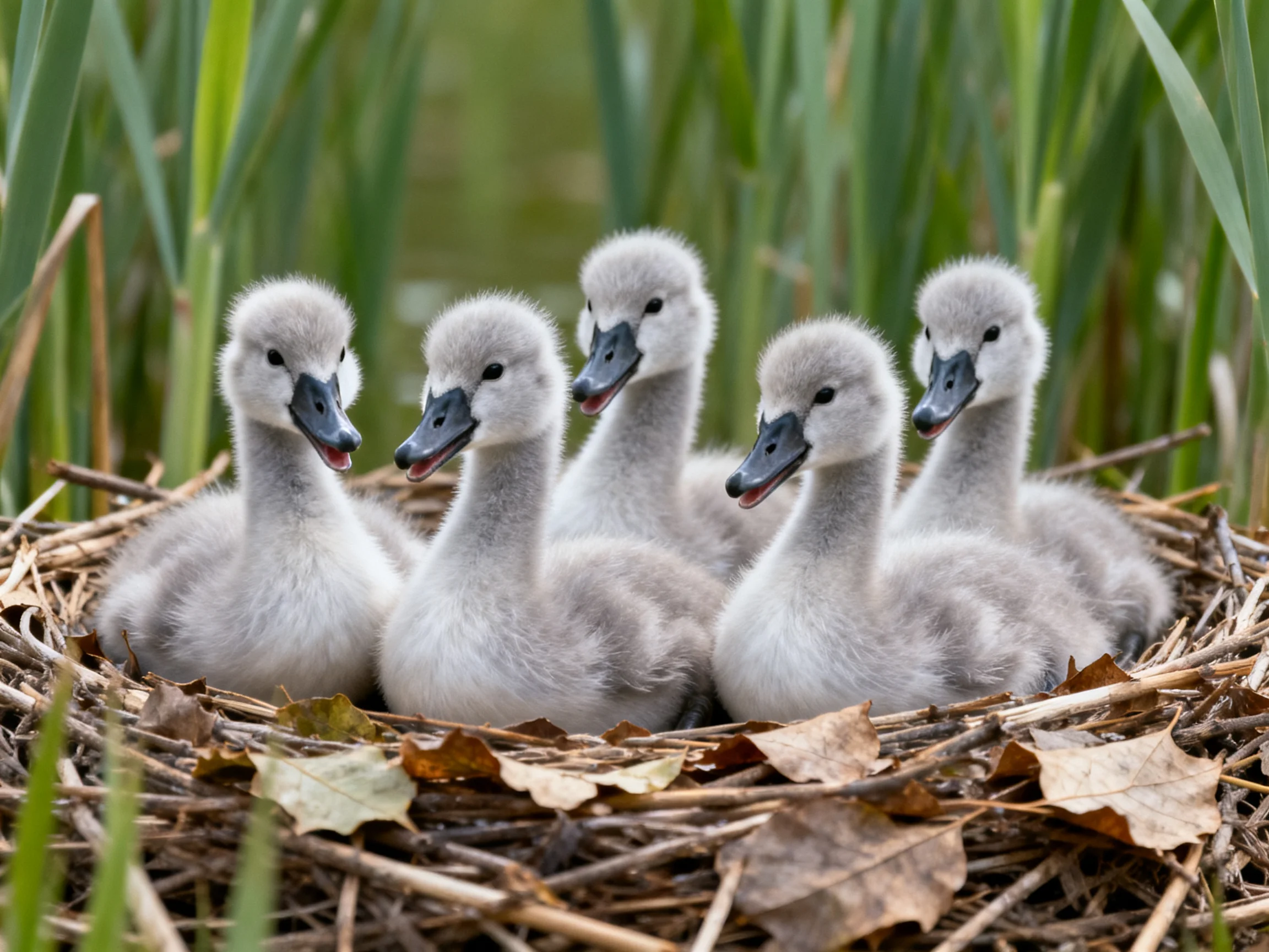 Five fluffy gray swan cygnets nestled in a leafy nest among tall reeds