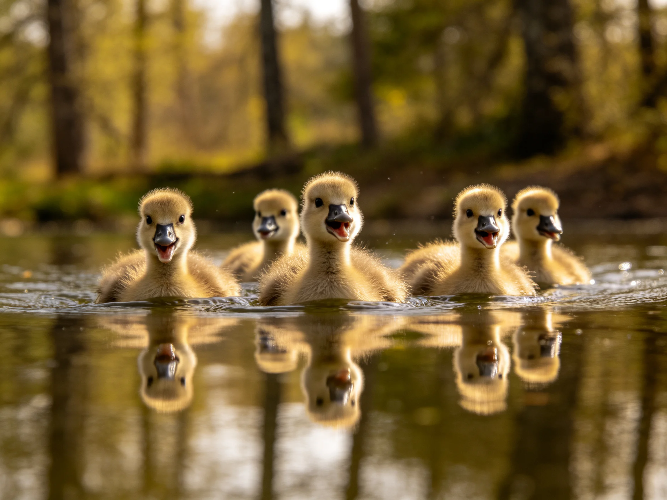 Five fluffy yellow ducklings swimming in a forest pond
