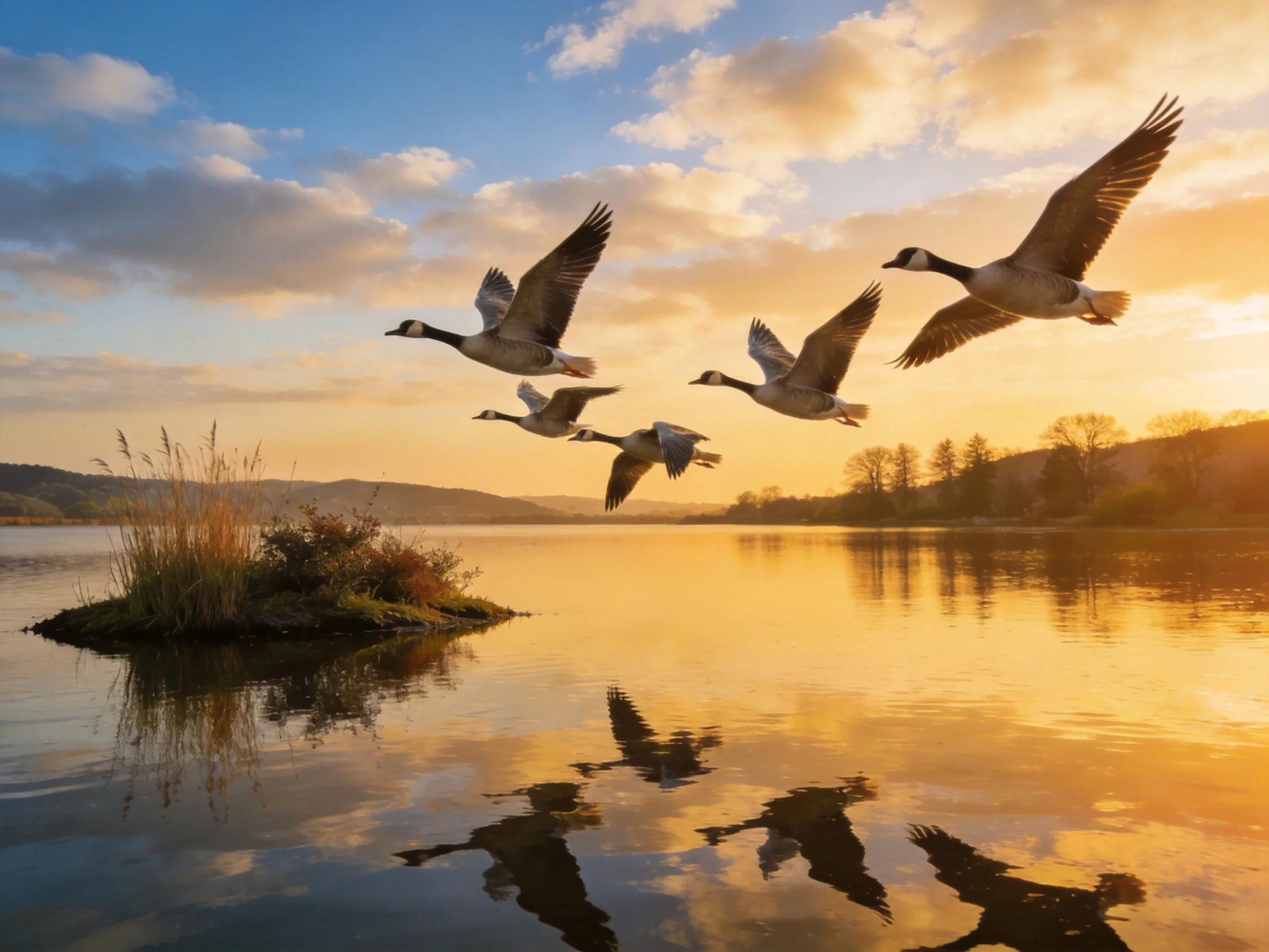 Five geese glide over a golden lake at sunset