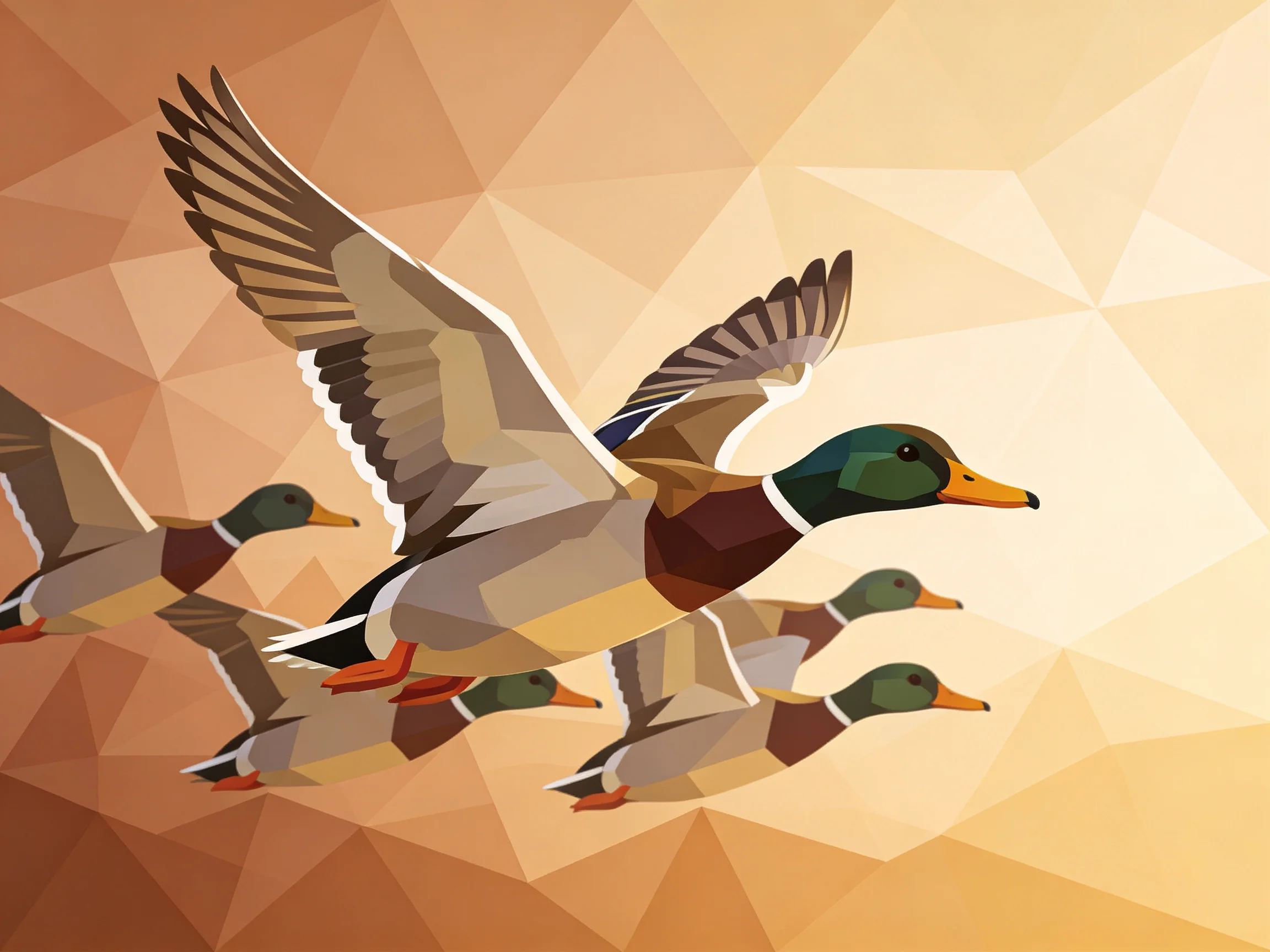Five mallard ducks flying in geometric polygonal background