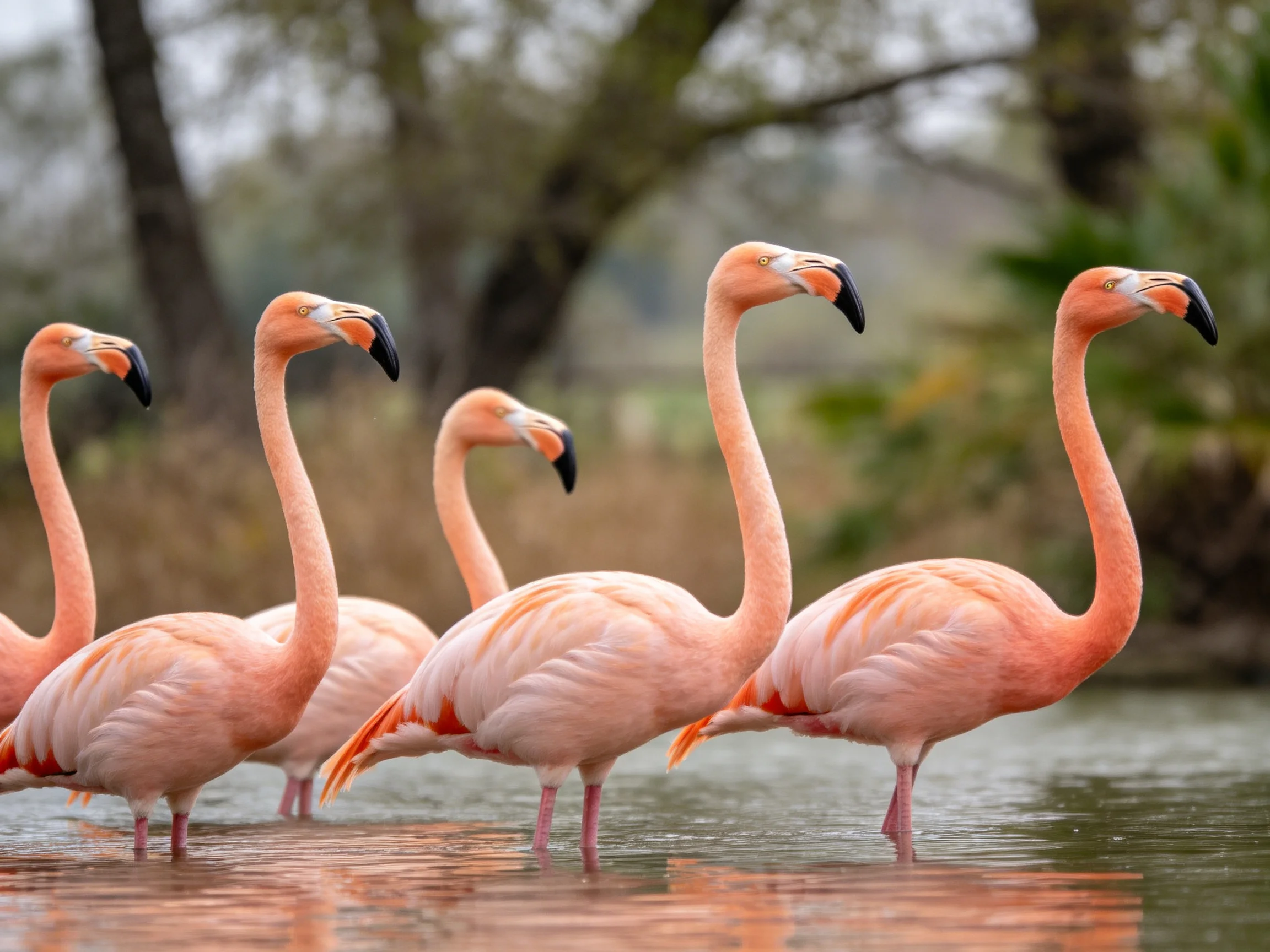 Five pink flamingos wading in shallow water near trees