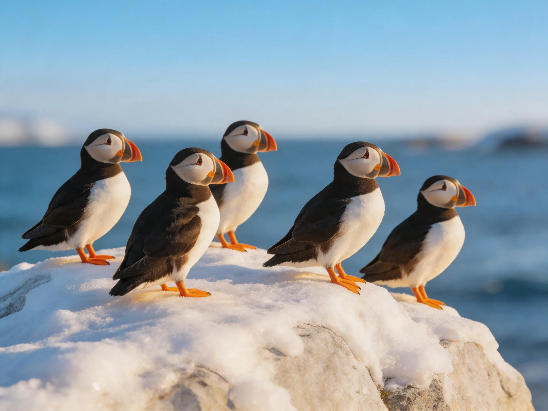 Five puffins with orange beaks rest on a snow-covered rocky outcrop by the ocean.