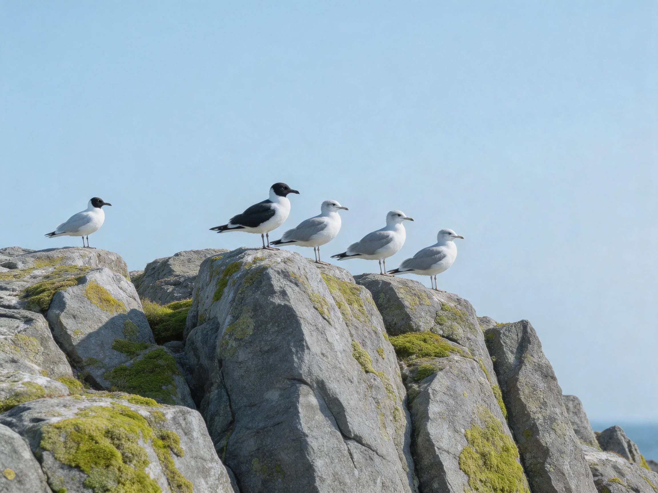 Five seabirds perched on moss-covered rocky cliffs under a clear blue sky