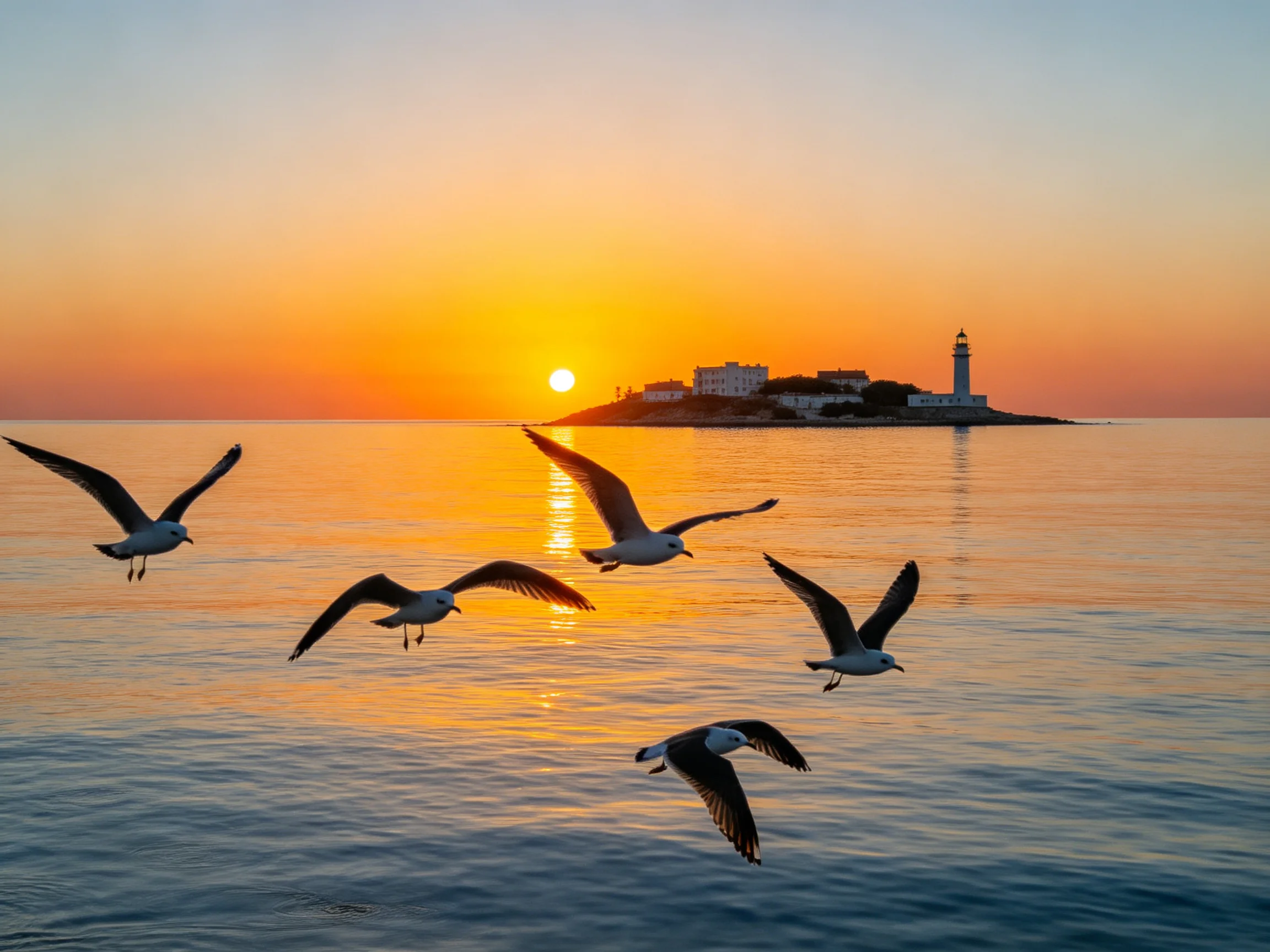 Five seagulls fly over calm waters near a sunset-lit island with a lighthouse