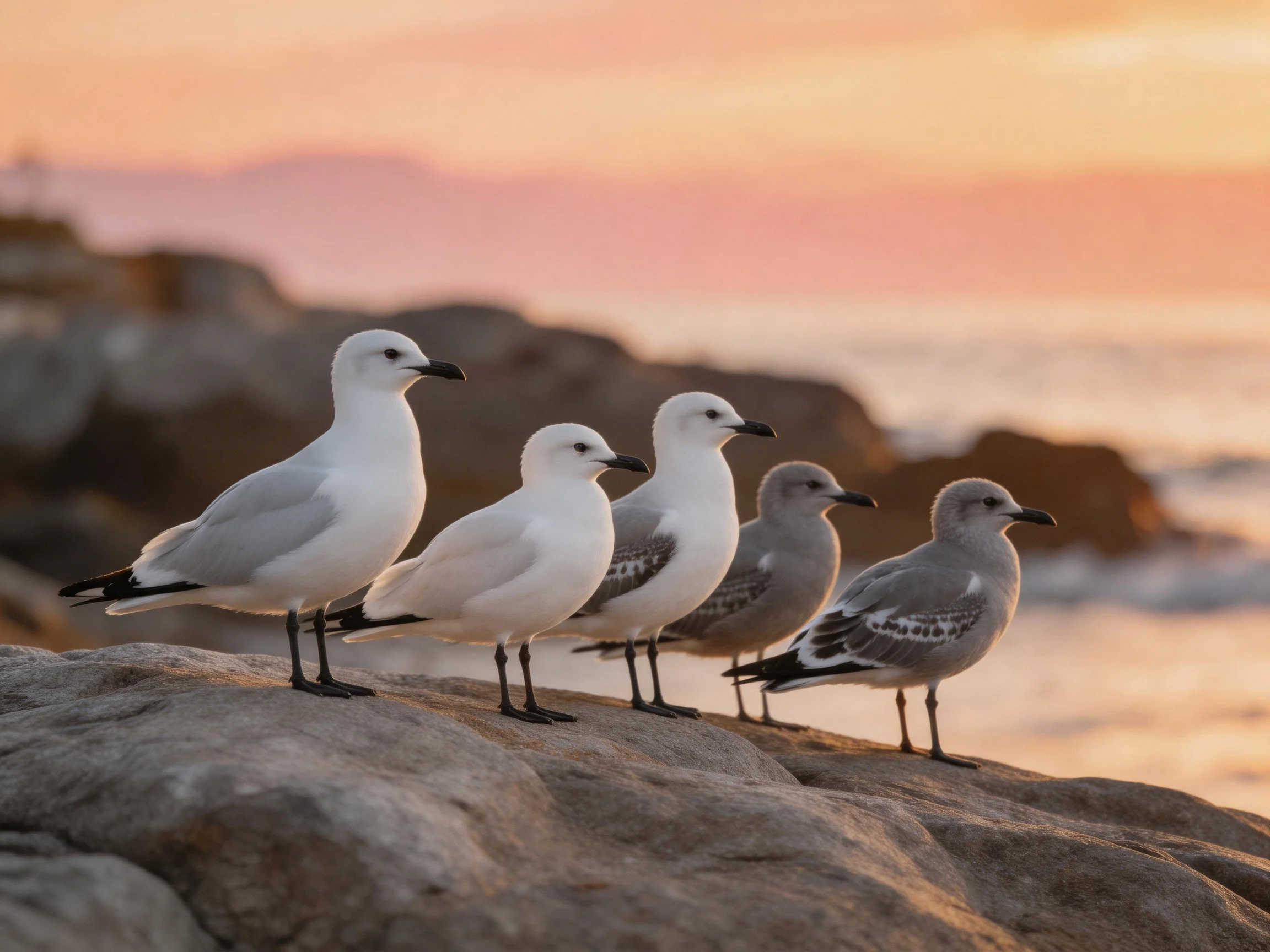 Five seagulls of varying colors stand on coastal rocks at sunset
