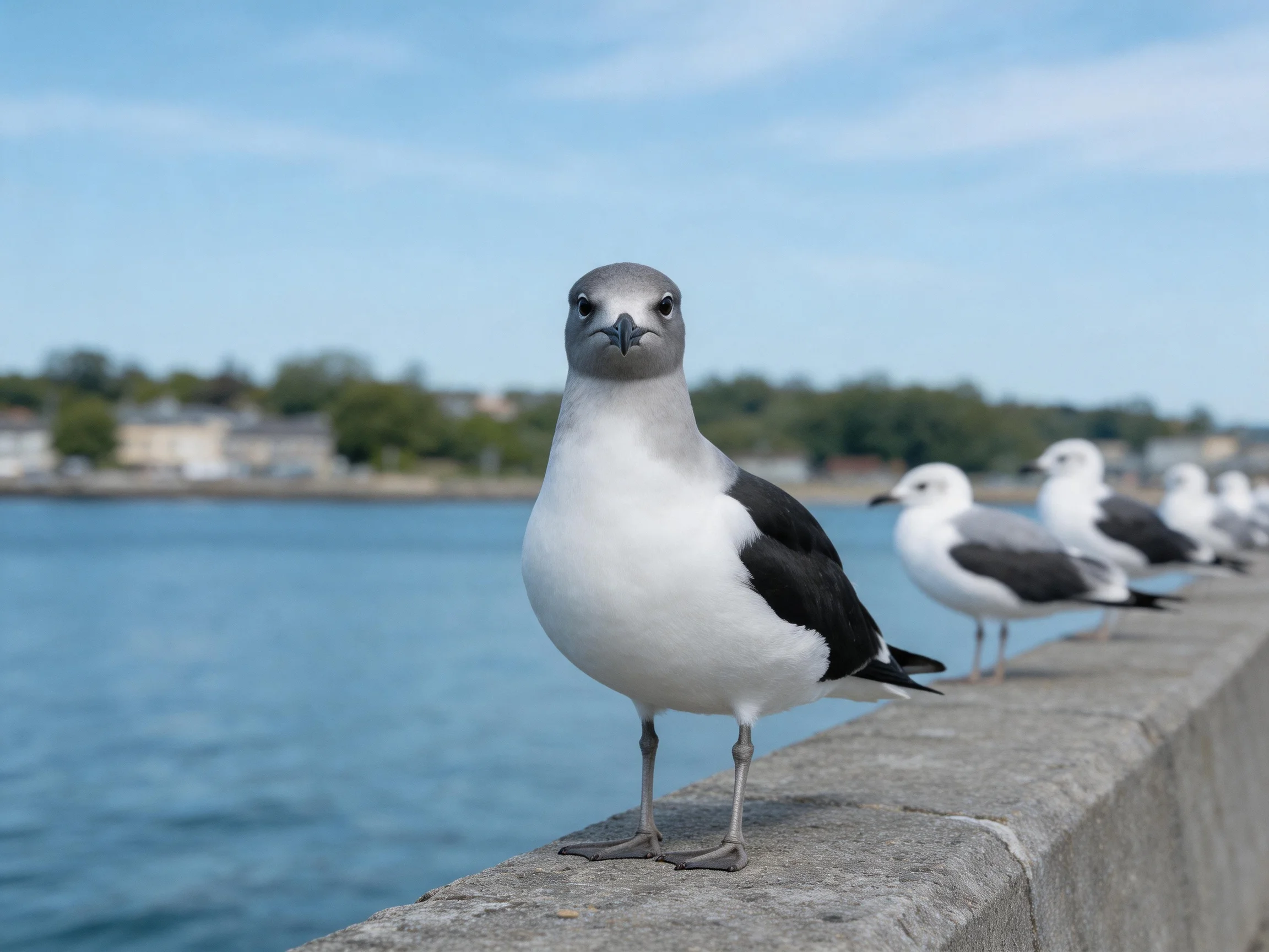 Five seagulls perched along a stone ledge by calm blue water