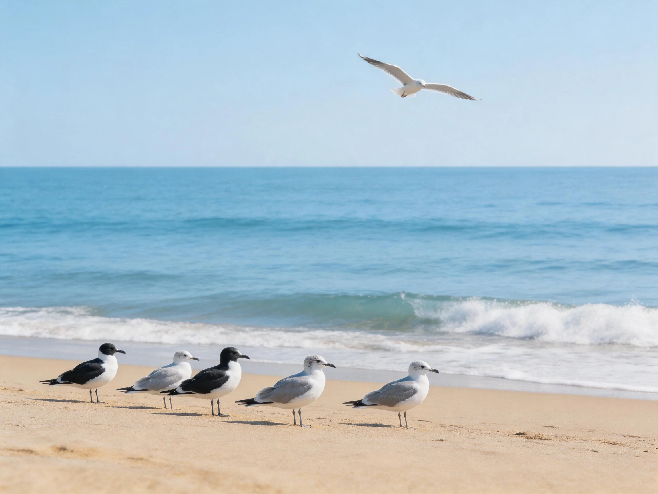 Five seagulls rest on sandy beach near calm blue ocean; one flies overhead