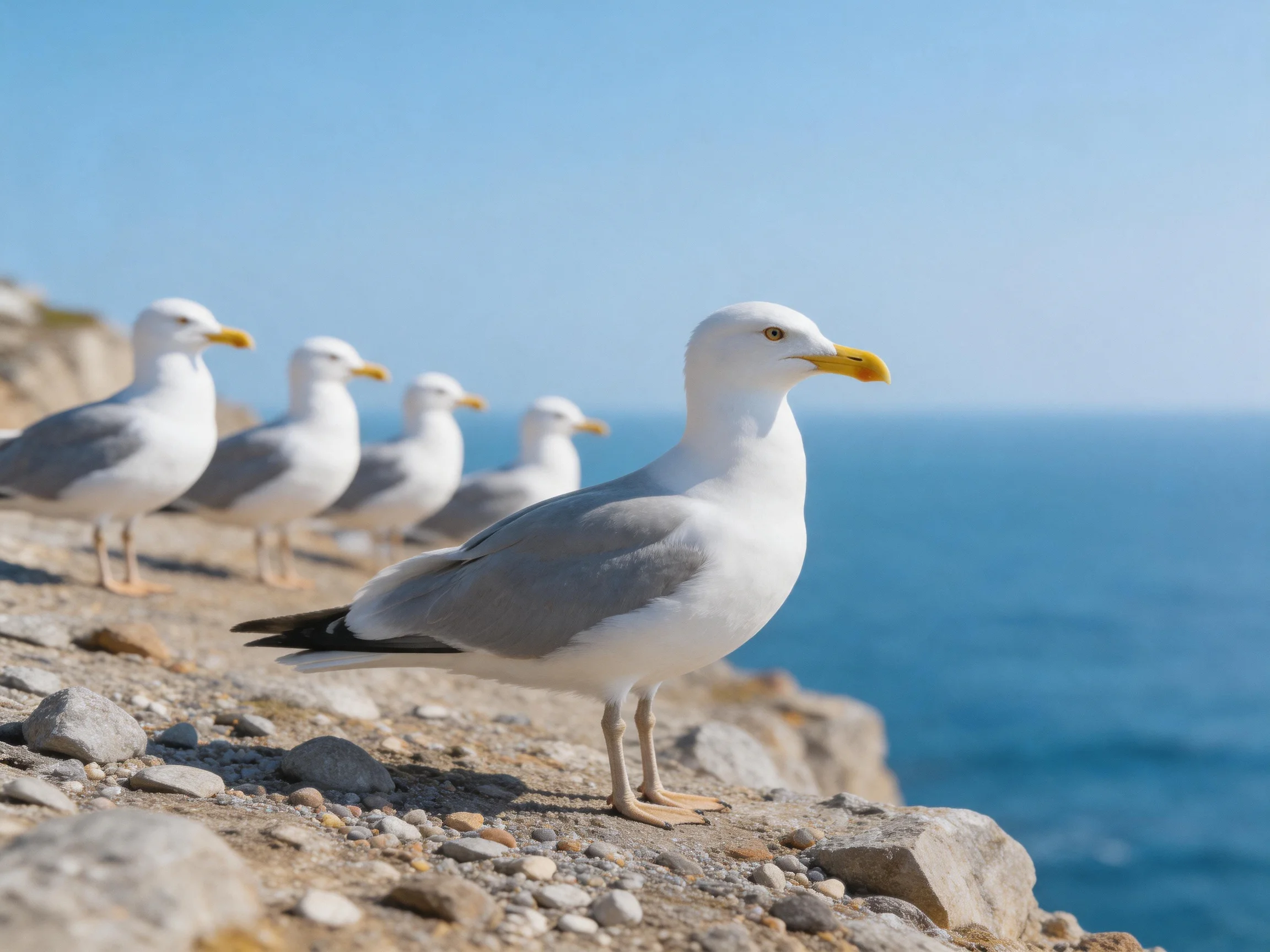 Five seagulls stand on a rocky cliffside overlooking calm blue sea