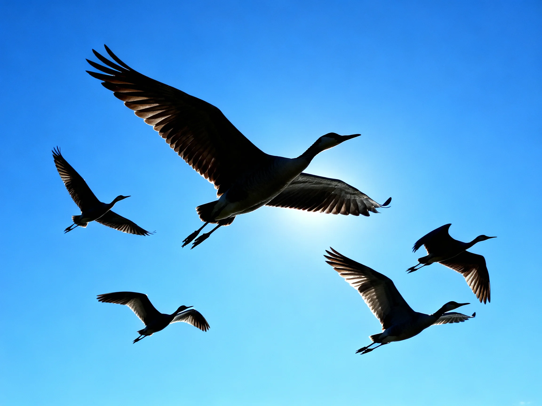 Five silhouetted birds soaring against brilliant blue sky