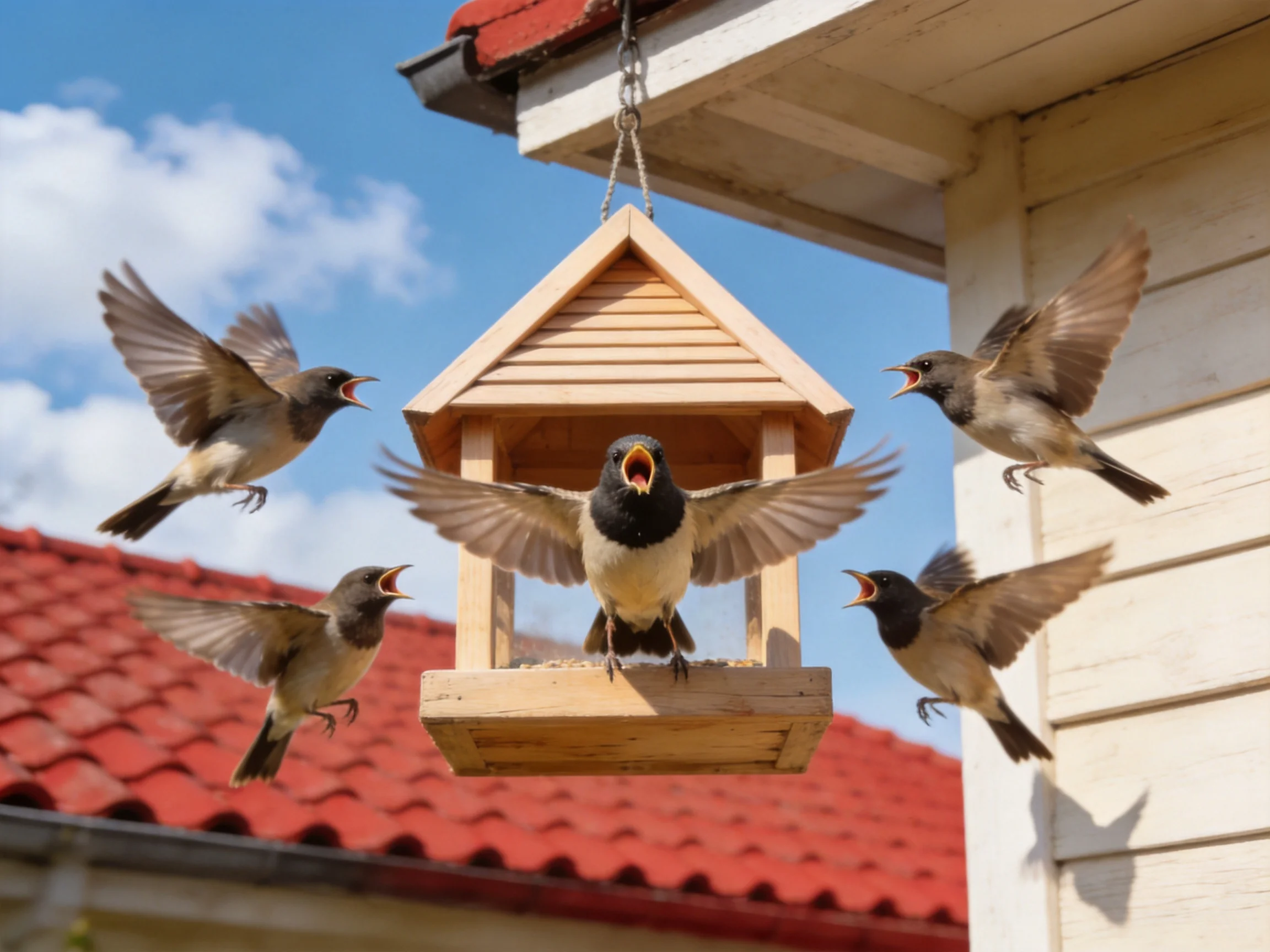 Five small birds gather around a wooden hanging bird feeder