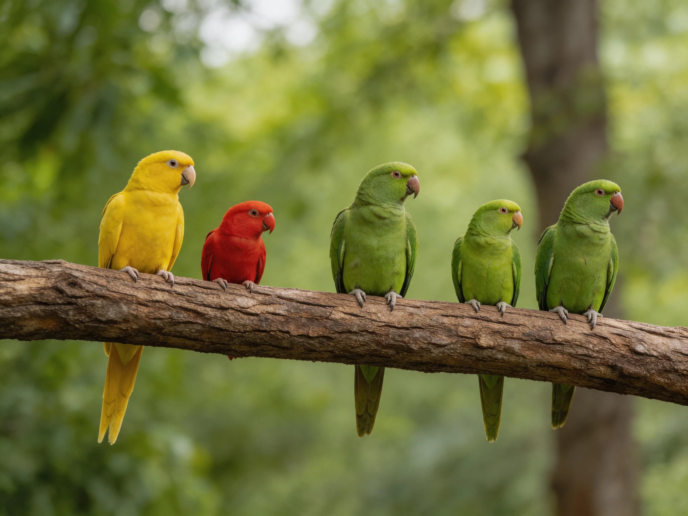 Five vibrant parrots rest on a thick tree branch
