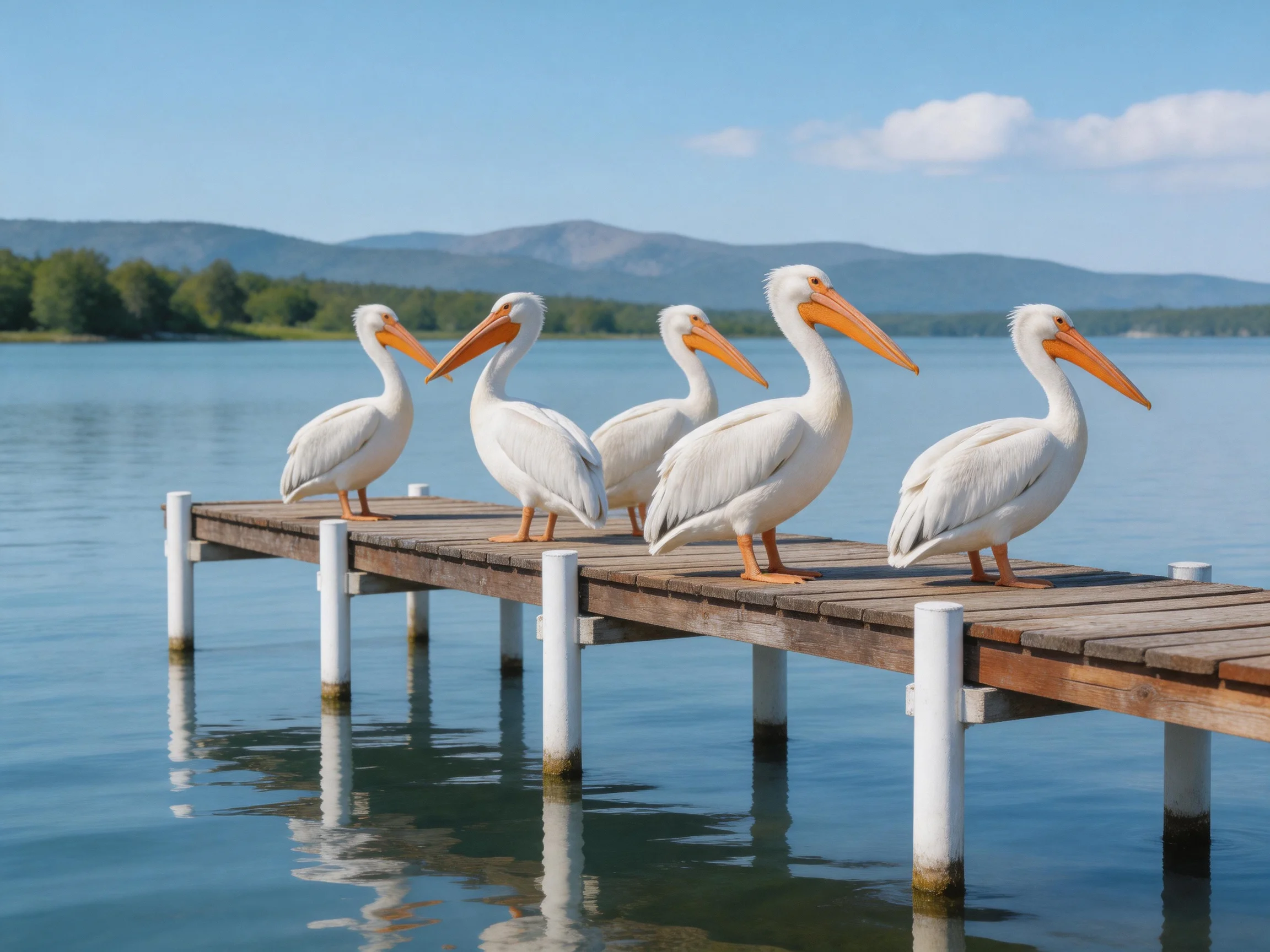 Five white pelicans stand on a wooden dock by calm waters