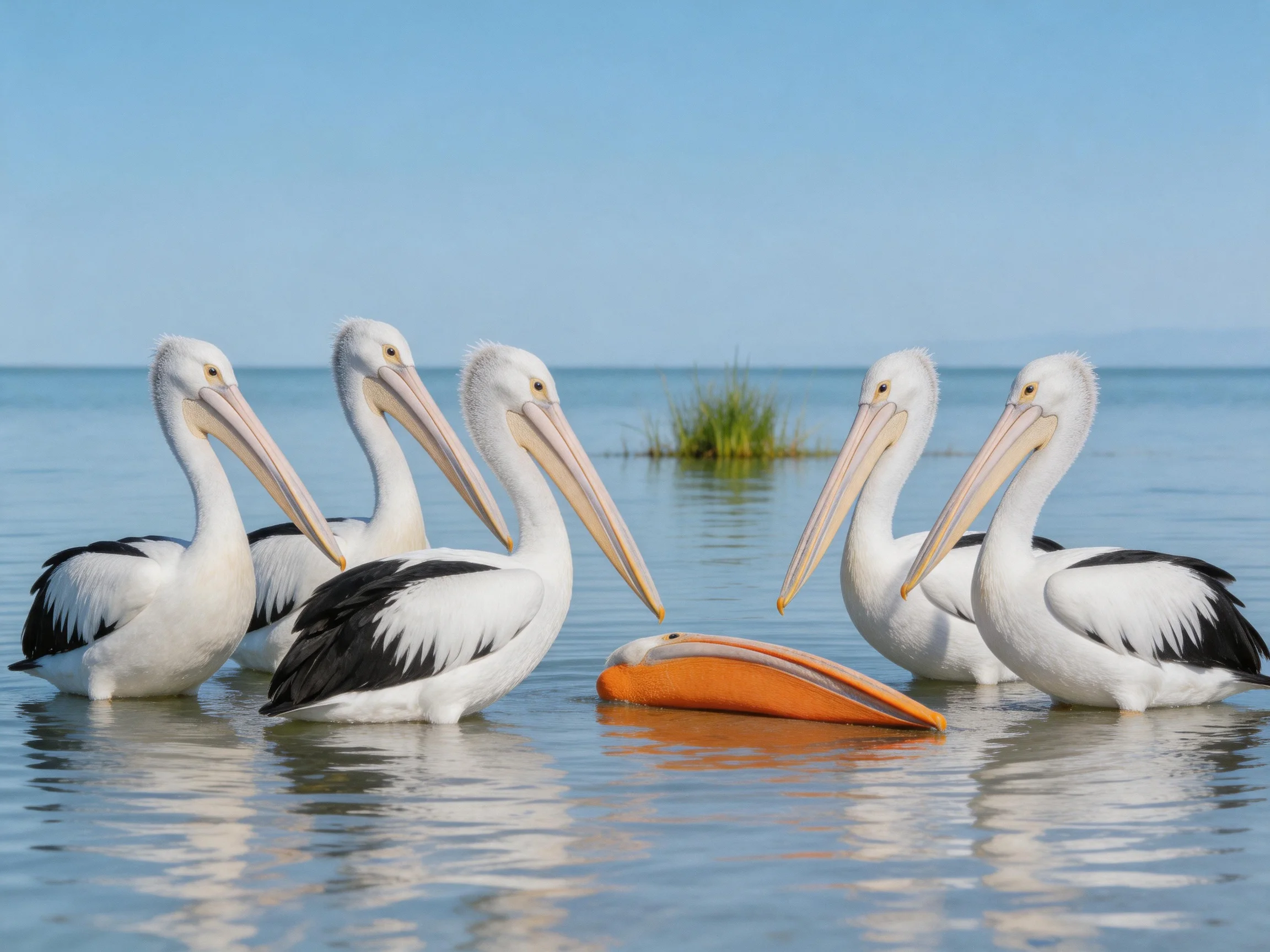 Five white pelicans surround a sixth with an orange beak in tranquil water