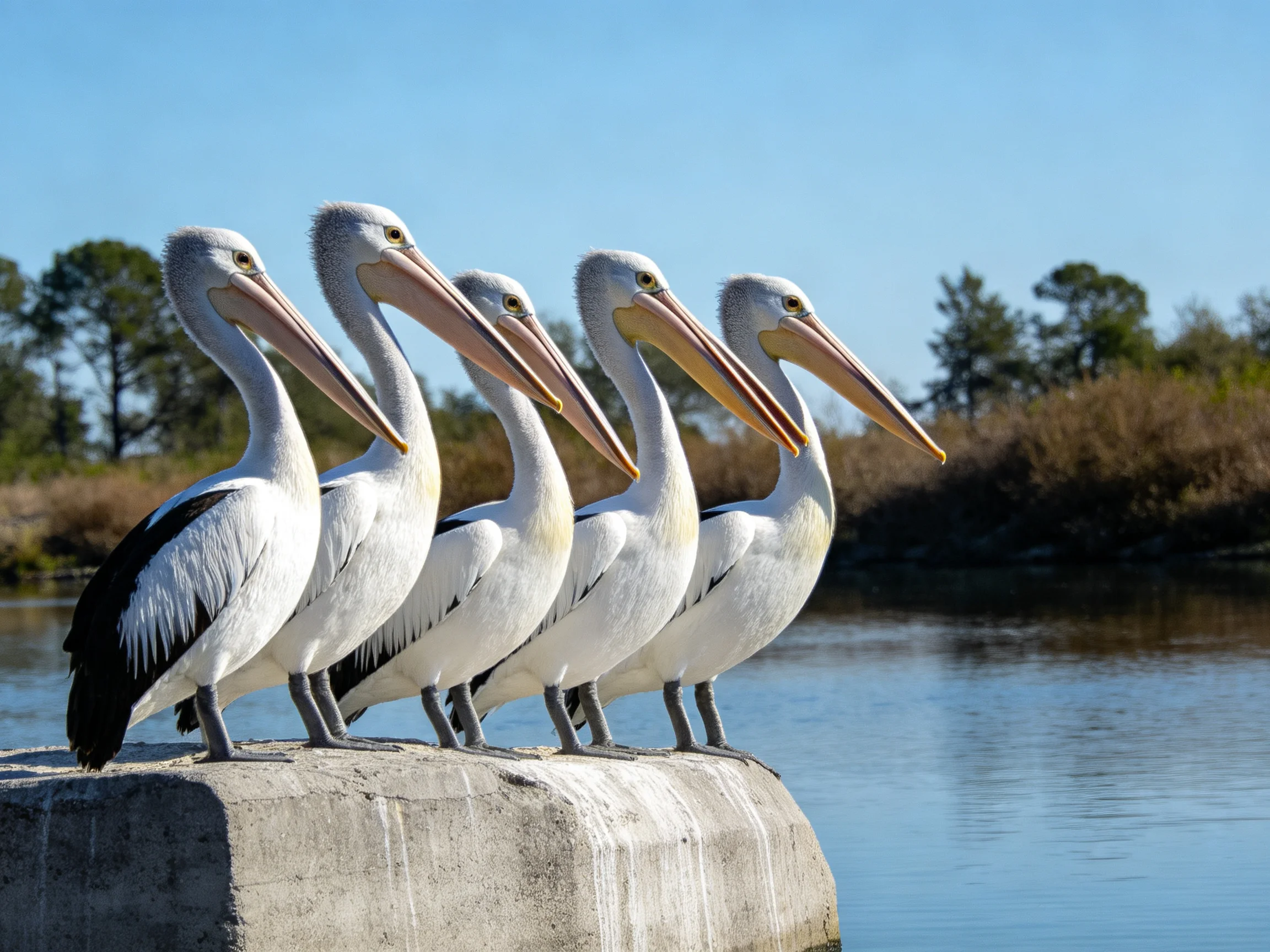 Five white pelicans with long beaks perched on a concrete ledge by calm water