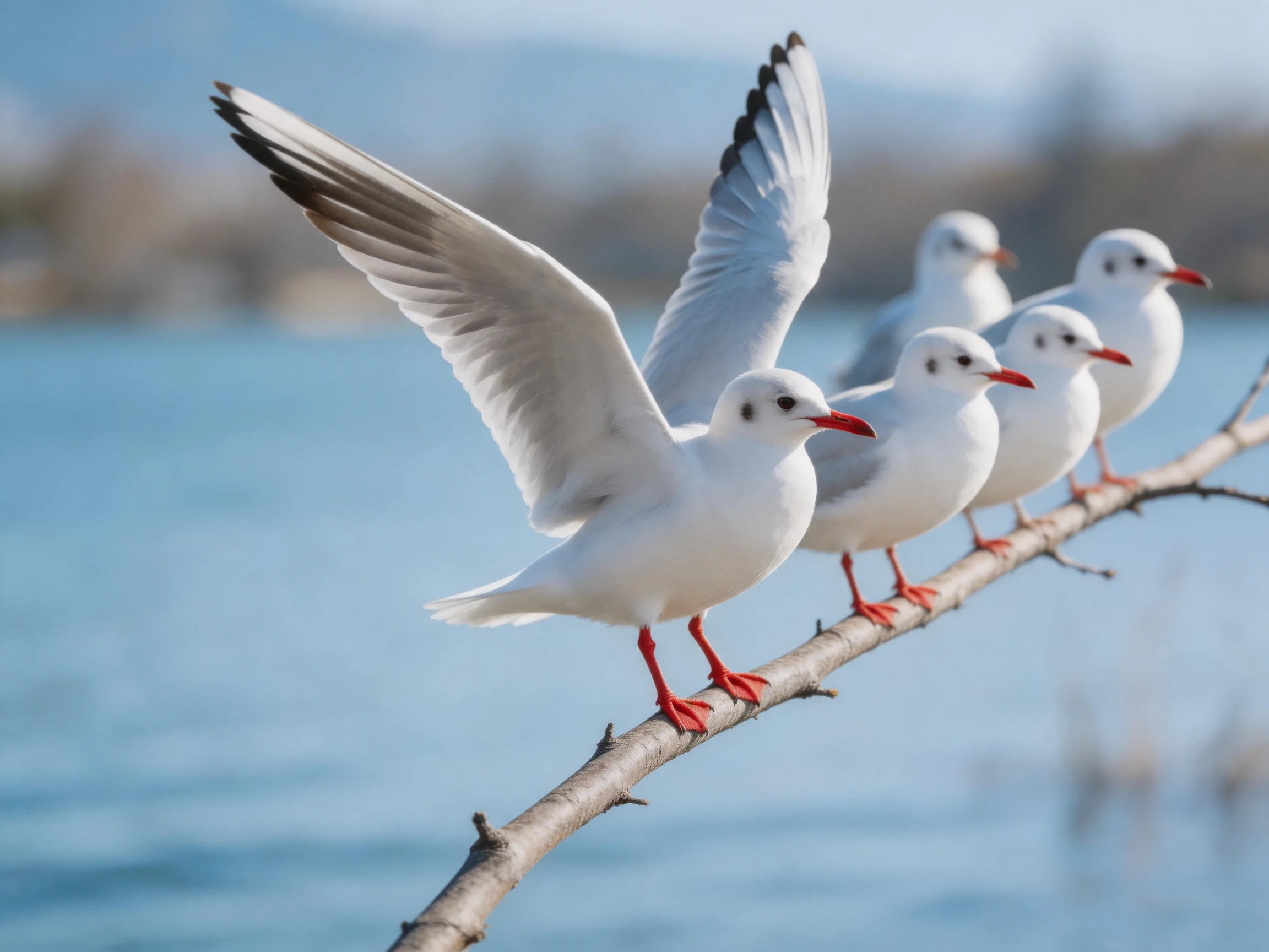 Five white seagulls with red beaks perched on a branch near water