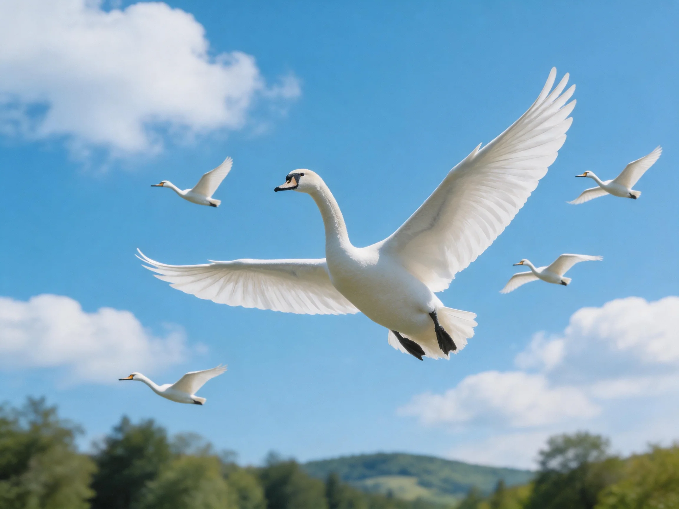 Five white swans soaring over green landscape with blue sky