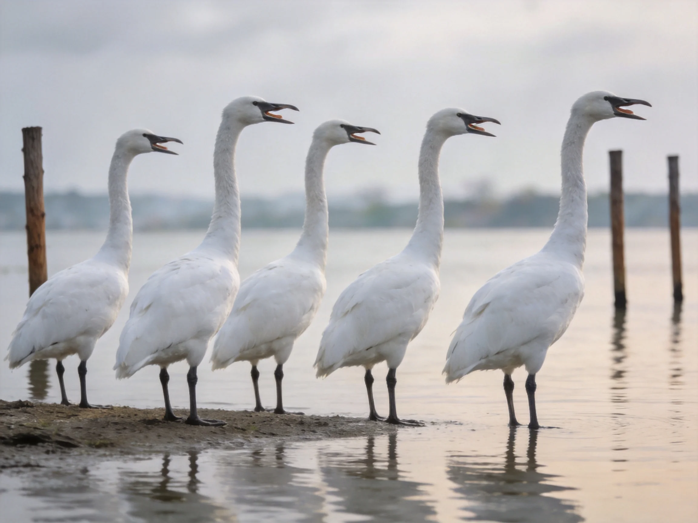 Five white swans standing by calm water near wooden posts