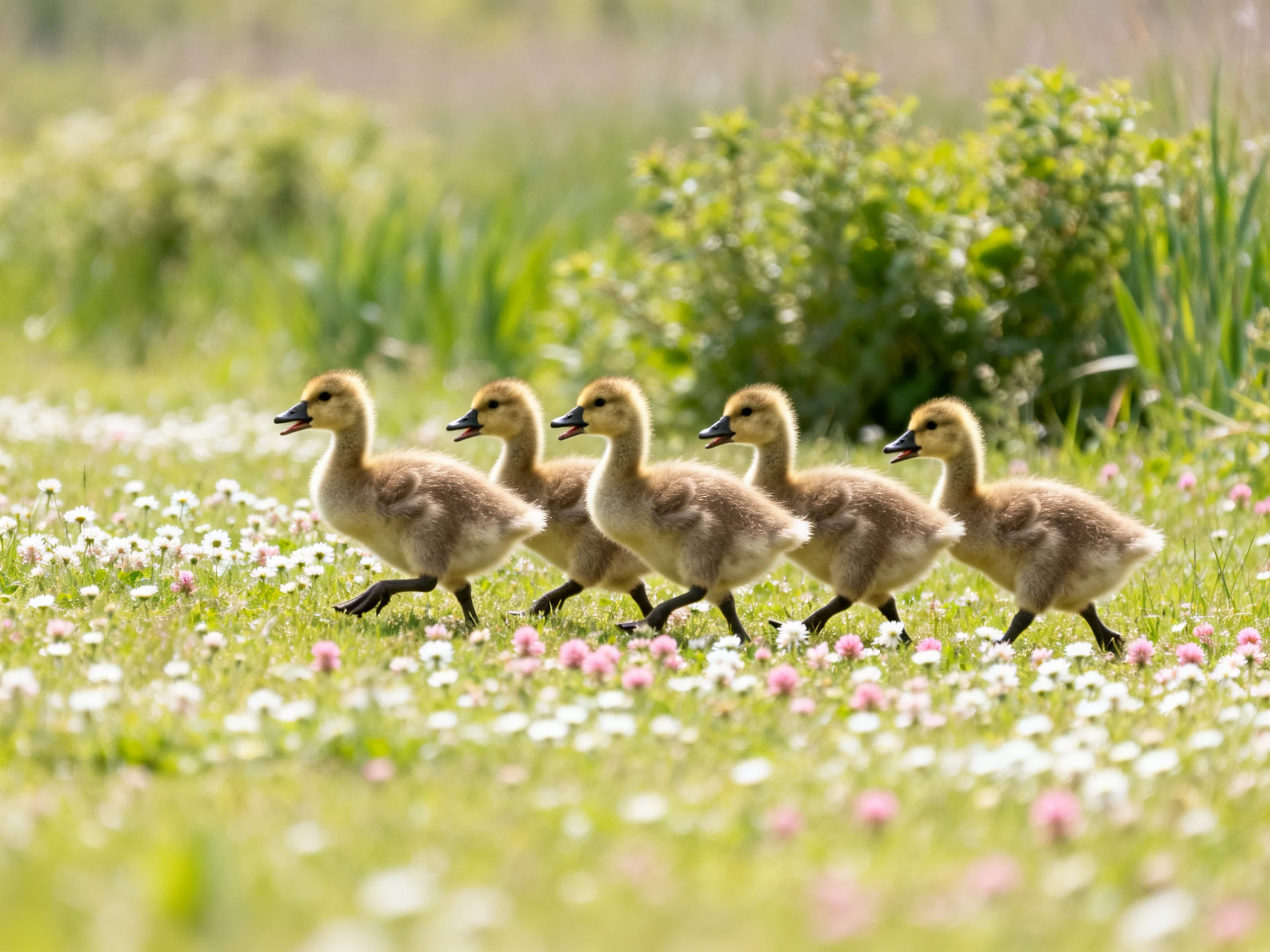 Five yellow ducklings march through a pink-and-white flower meadow
