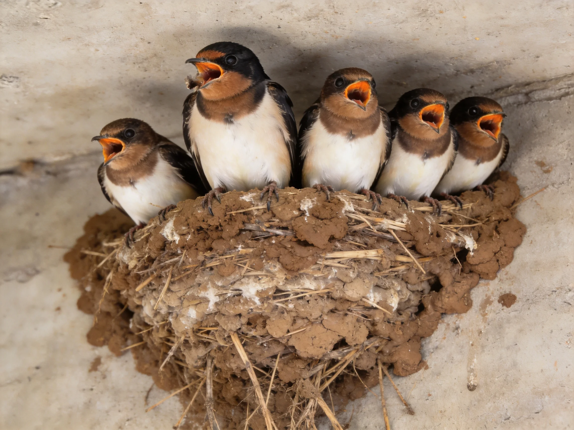Five young swallows in a mud-and-straw nest on a concrete wall