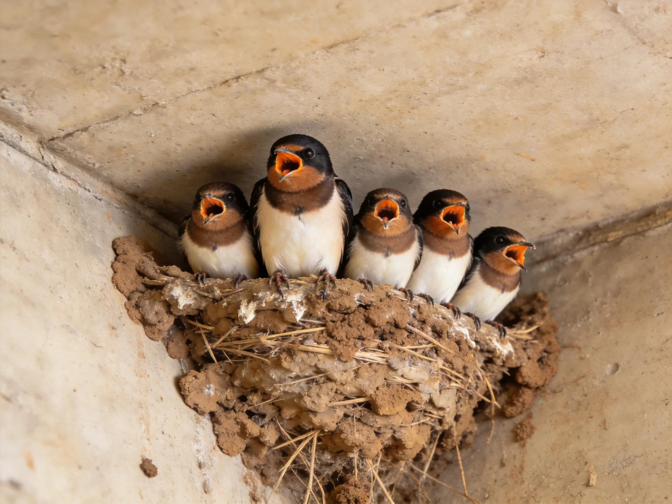 Five baby swallows await food in their mud nest attached to a stone structure.