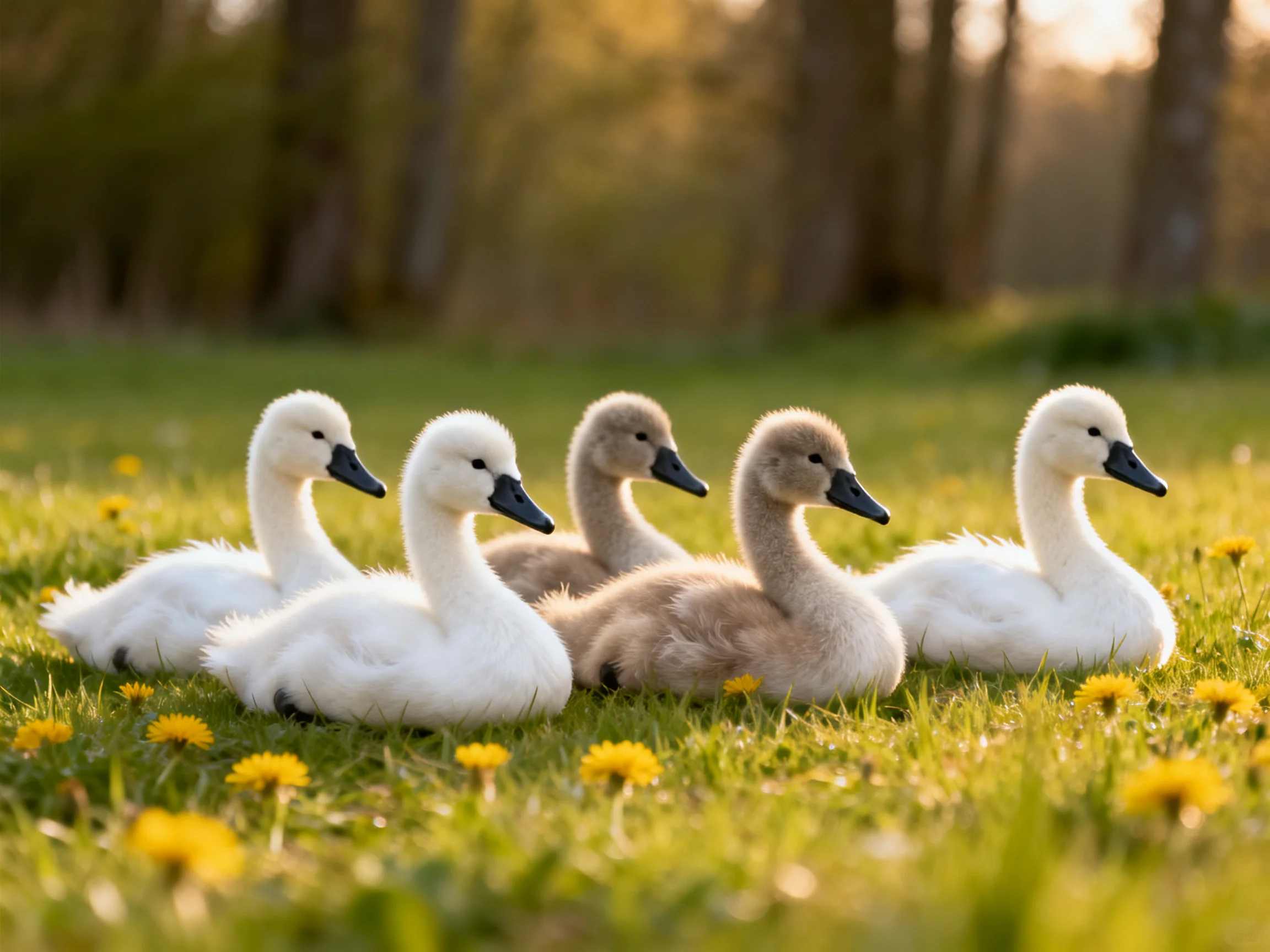 Five young swan cygnets rest on a grassy field with yellow flowers.