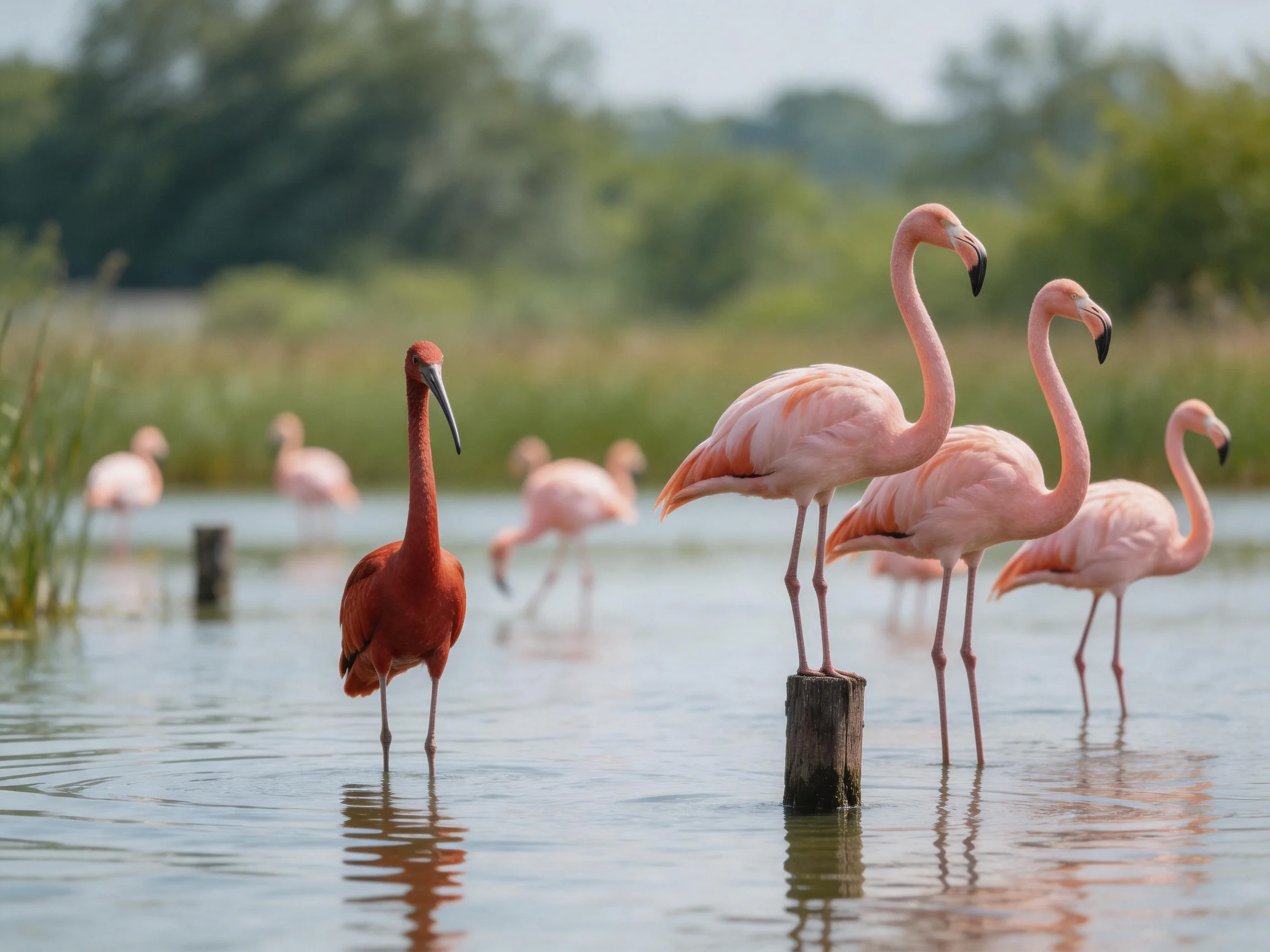 Flamingos and an ibis near wooden posts in wetland waters